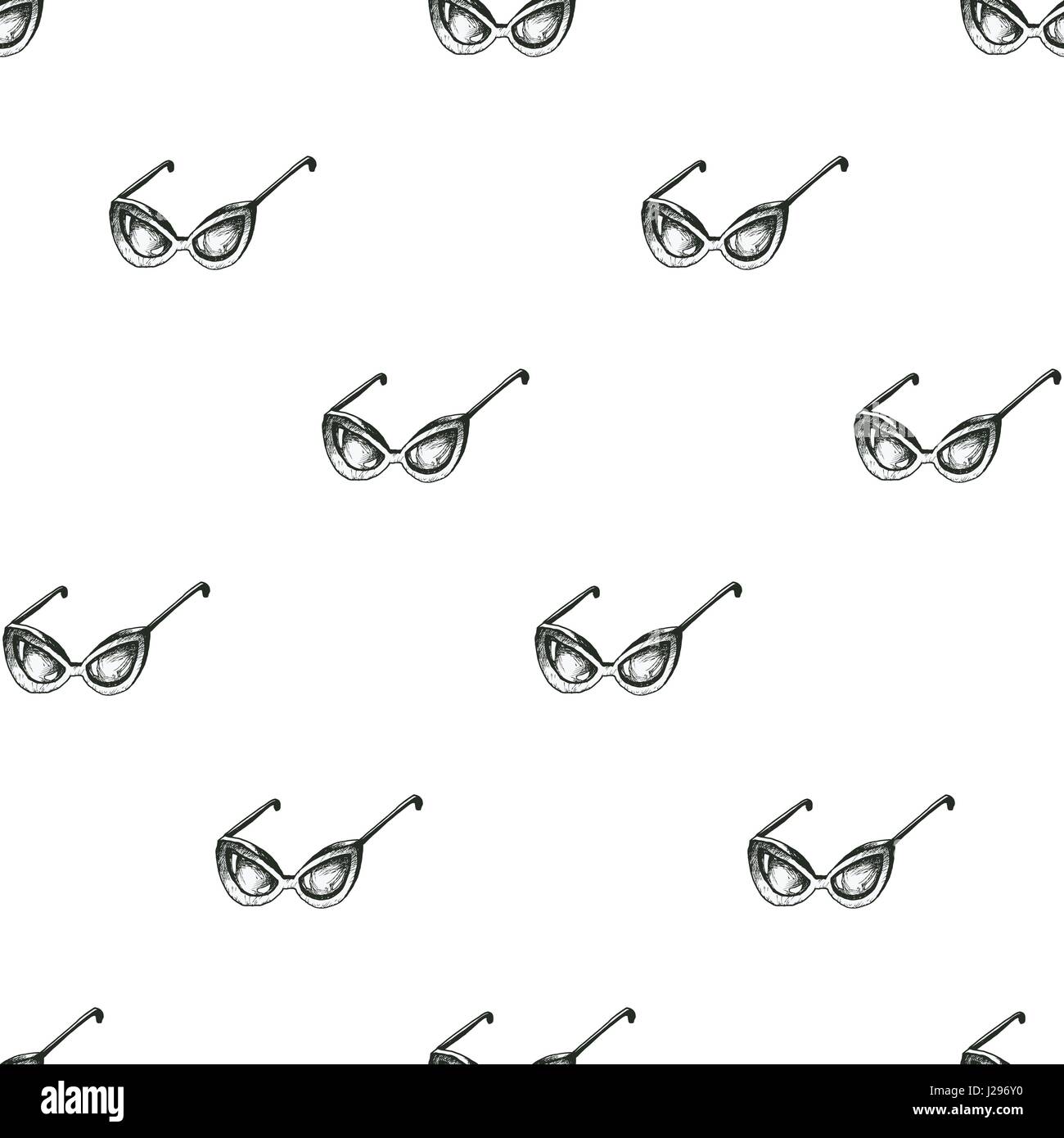 Cat eye sunglasses seamless pattern, hand drawn doodle style vector. Black and white sketch