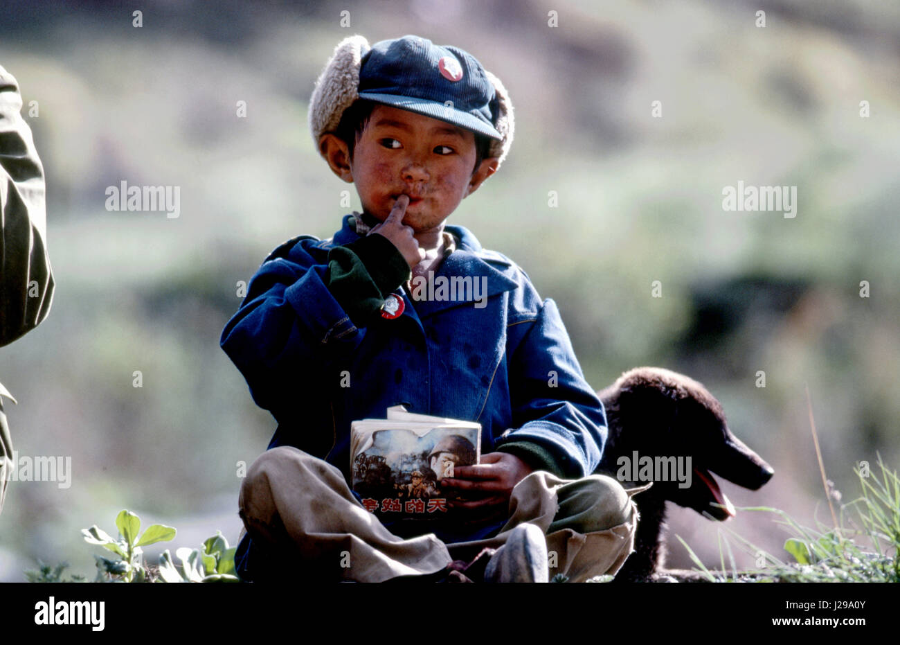 Small boy and his dog, Na Zu Can, Tibet, Sichuan Province, China Stock Photo