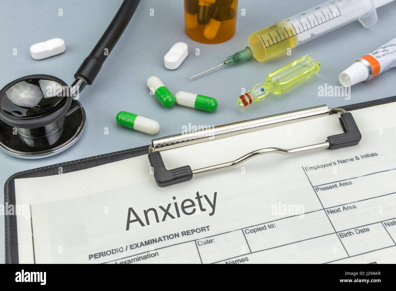 Anxiety, medicines and syringes as concept of ordinary treatment health Stock Photo