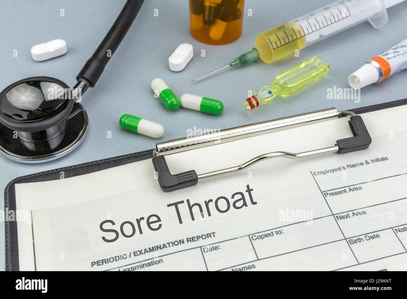 Sore Throat, medicines and syringes as concept of ordinary treatment health Stock Photo