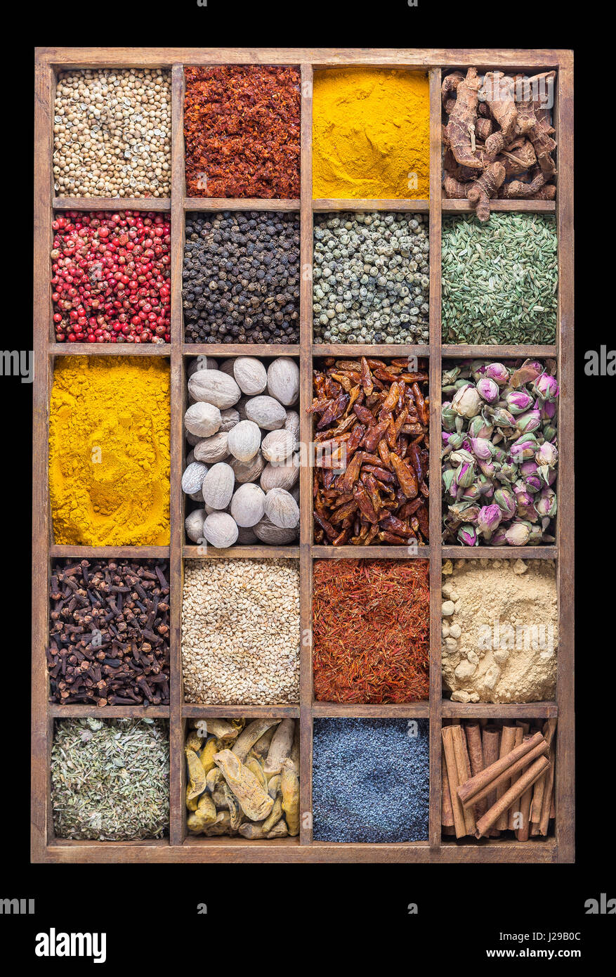 wooden box with spices and herbs Stock Photo