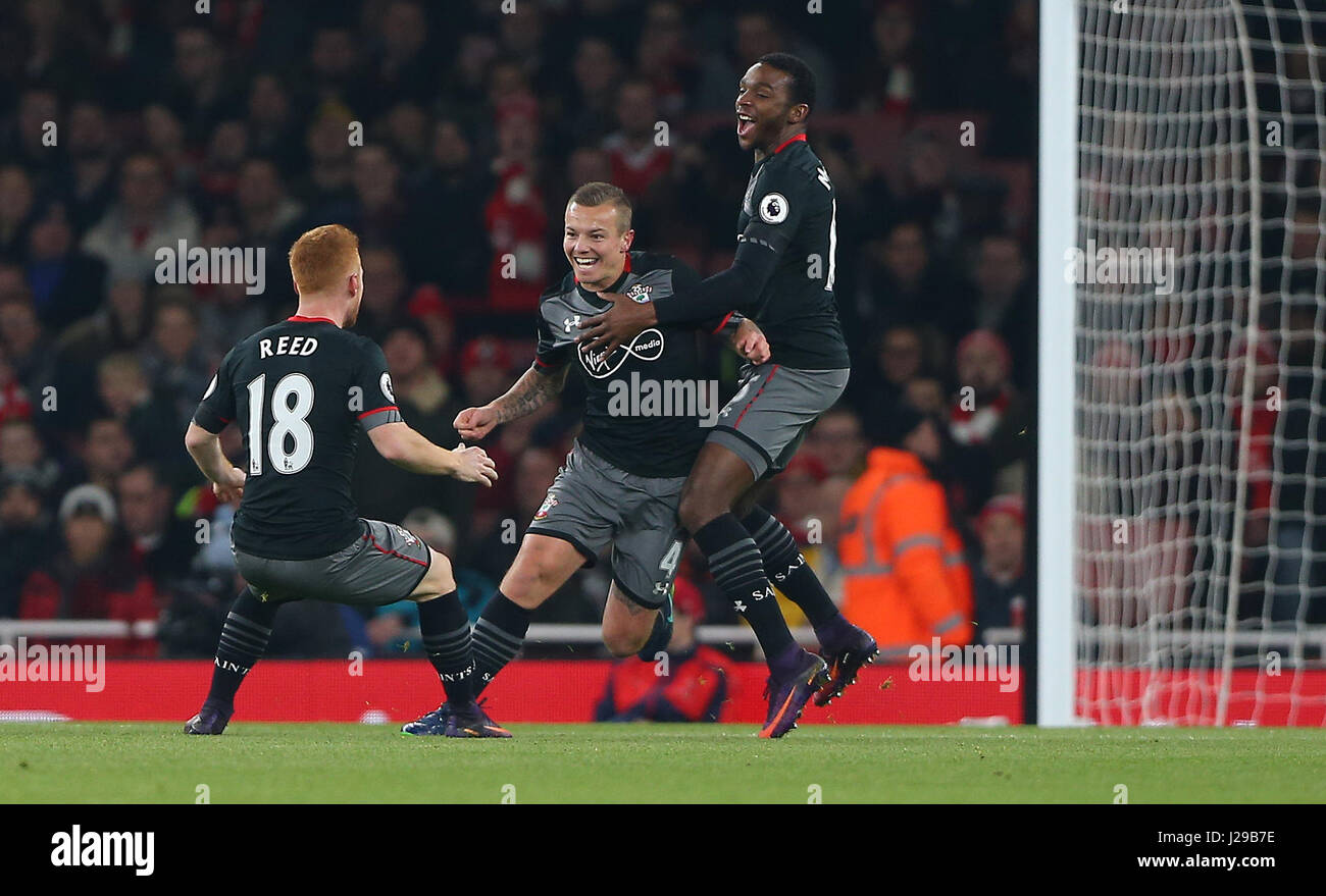 Jordy Clasie of Southampton (Centre)  celebrates after scoring  during the EFL Cup Quater-final match between Arsenal and Southampton at the Emirates Stadium in London. November 30, 2016. EDITORIAL USE ONLY - FA Premier League and Football League images are subject to DataCo Licence see www.football-dataco.com Stock Photo