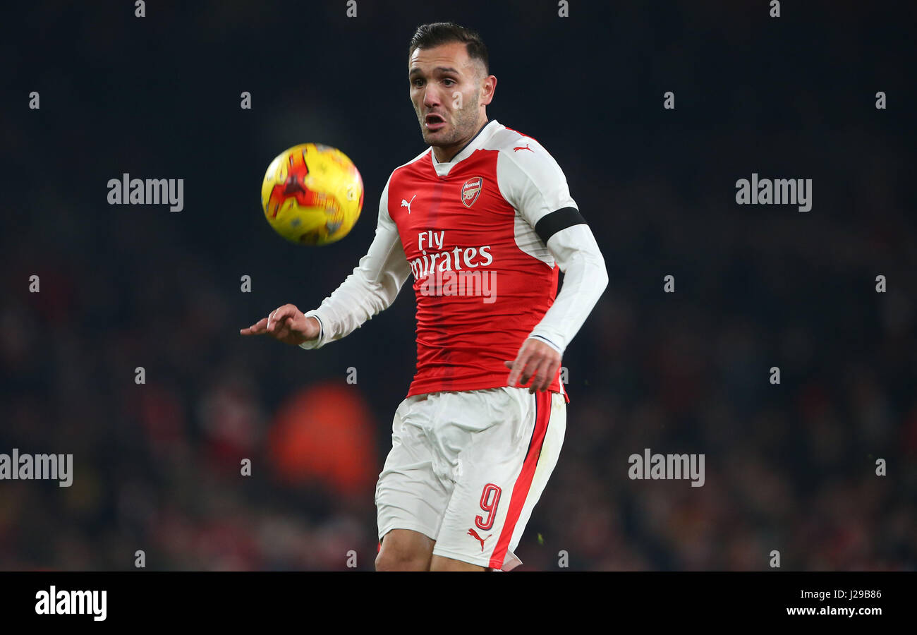 Arsenals Lucas Perez during the EFL Cup Quater-final match between Arsenal and Southampton at the Emirates Stadium in London. November 30, 2016. EDITORIAL USE ONLY - FA Premier League and Football League images are subject to DataCo Licence see www.football-dataco.com Stock Photo