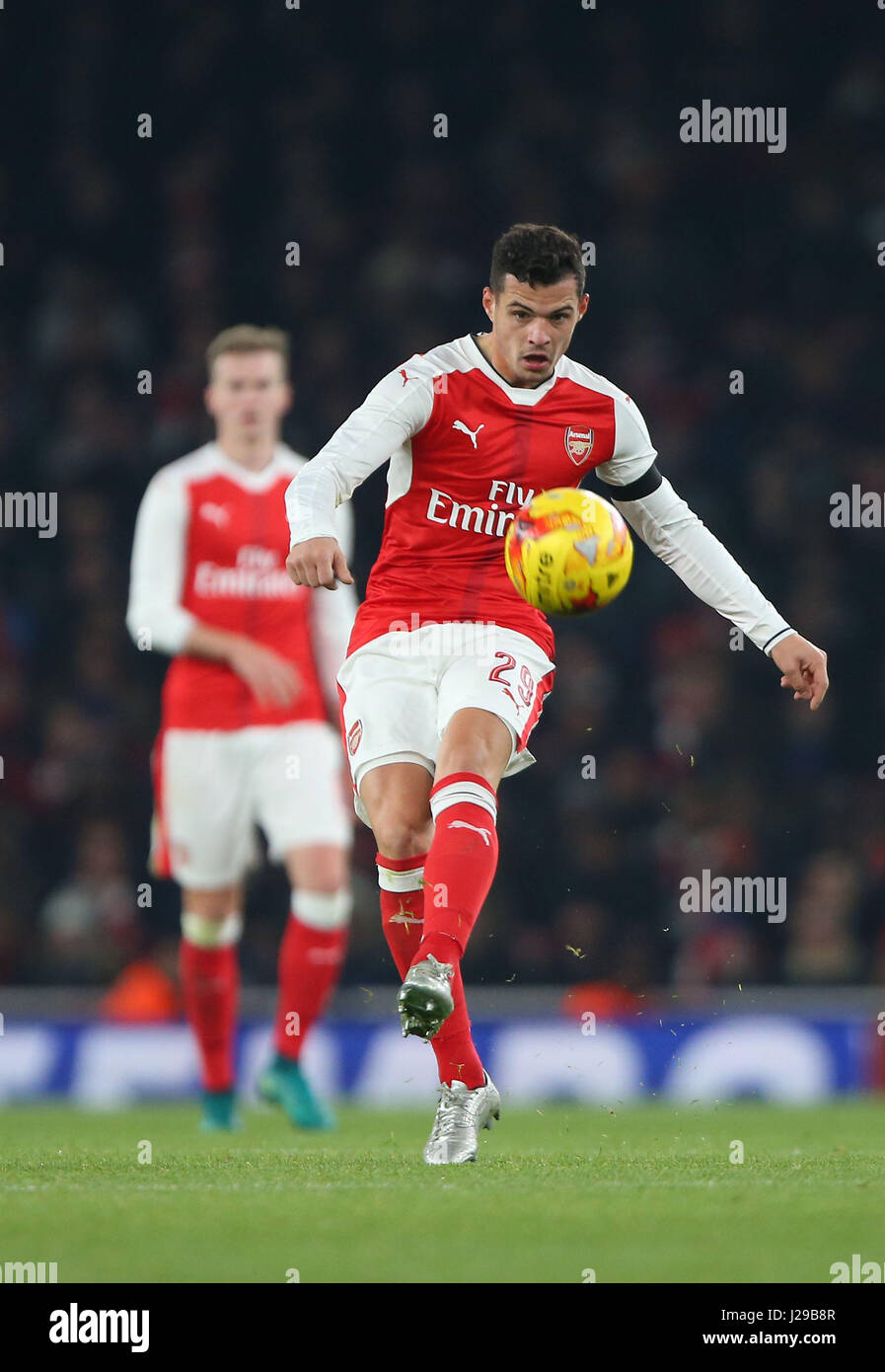 Arsenals Granit Xhaka during the EFL Cup Quater-final match between Arsenal and Southampton at the Emirates Stadium in London. November 30, 2016. EDITORIAL USE ONLY - FA Premier League and Football League images are subject to DataCo Licence see www.football-dataco.com Stock Photo