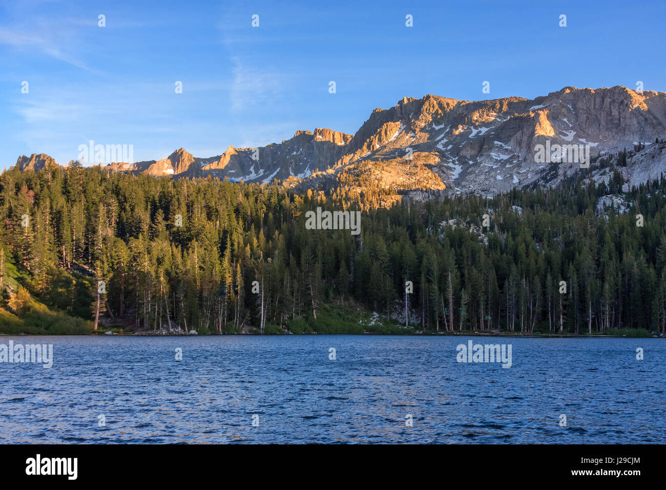 Mountain and Lake view at Mammoth Lakes with blue sky and pin trees