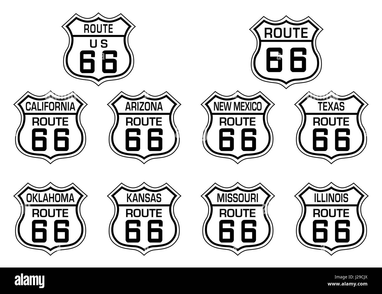 A group of Route 66 graphic shield logos with each state name. Stock Photo