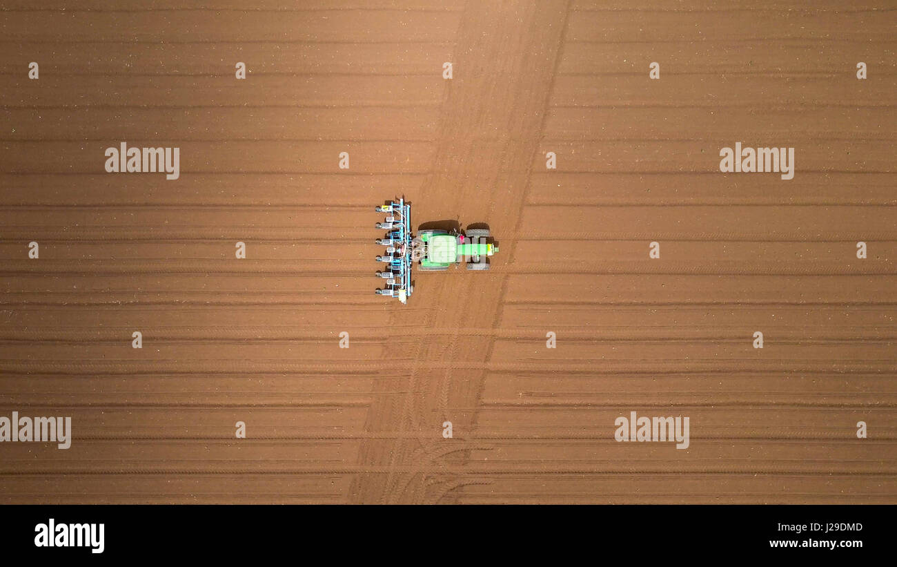Green tractor cultivating a field - Aerial footage Stock Photo