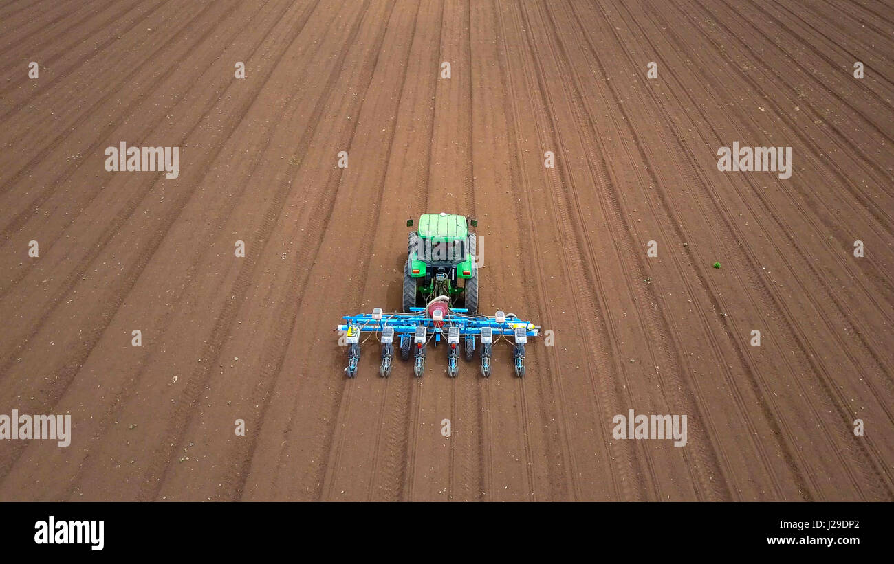Green tractor cultivating a field - Aerial footage Stock Photo