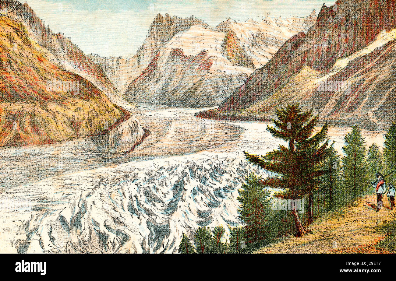 The Mer de Glace, a valley glacier located on the northern slopes of the Mont Blanc massif, in the French Alps.  From The World's Foundations or Geology for Beginners, published 1883. Stock Photo
