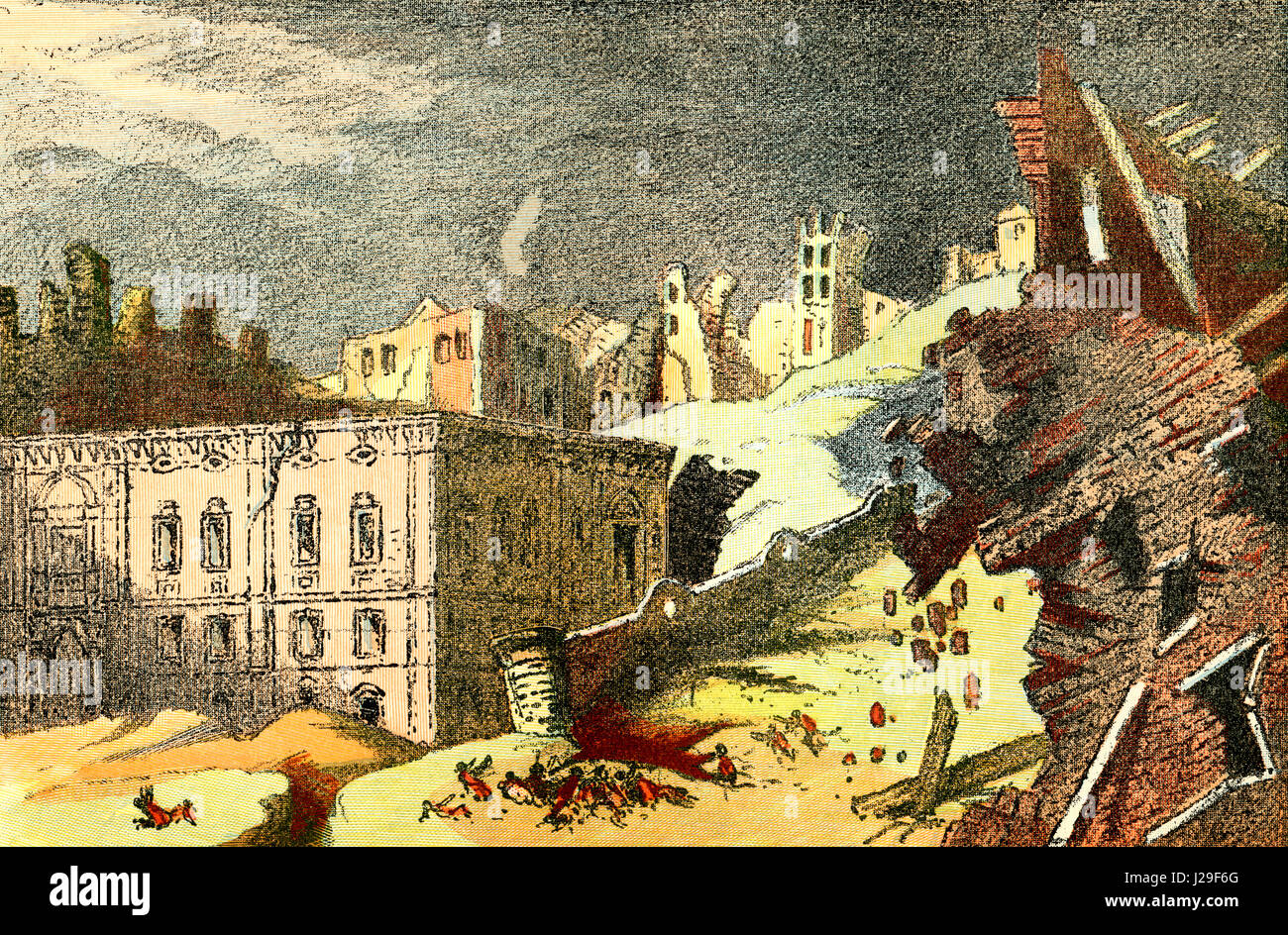 The earthquake at Lisbon, Portugal in 1755, aka Great Lisbon earthquake which caused fires and a subsequent Tsunami.   From The World's Foundations or Geology for Beginners, published 1883. Stock Photo