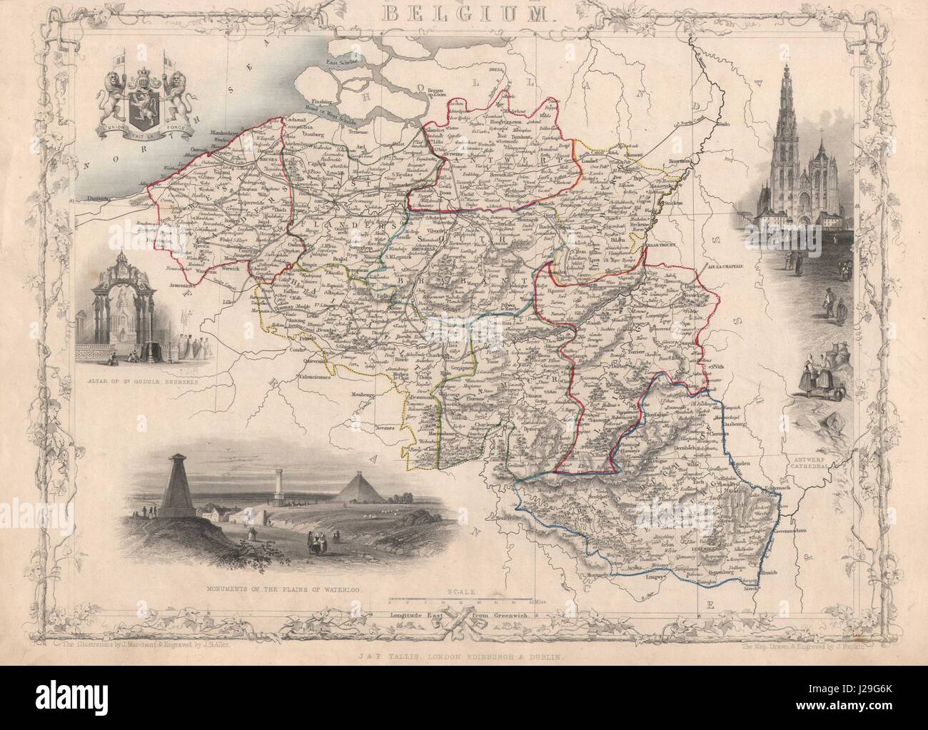 BELGIUM & Luxembourg. Antwerp Waterloo. No fold Trimmed. TALLIS/RAPKIN c1851 map Stock Photo