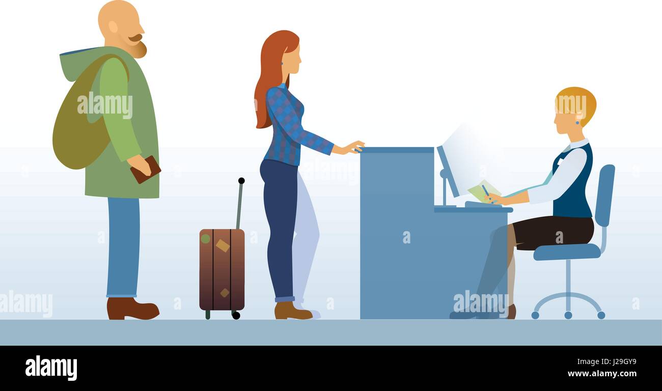 airport departure area or hotel reception with passengers or clients, tourists Stock Vector
