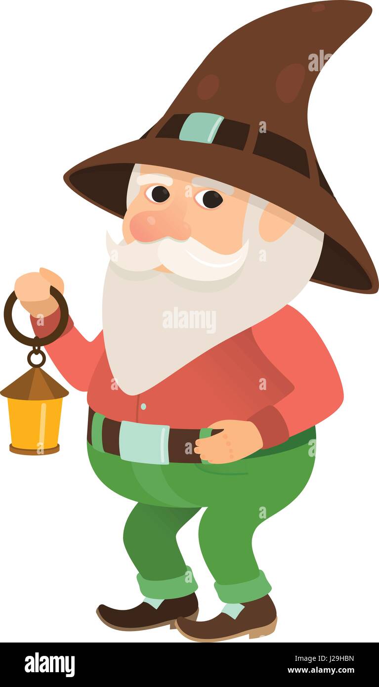 garden gnome with a small flashlight oil lamp, dwarf, figurine or cartoon character, isolated Stock Vector