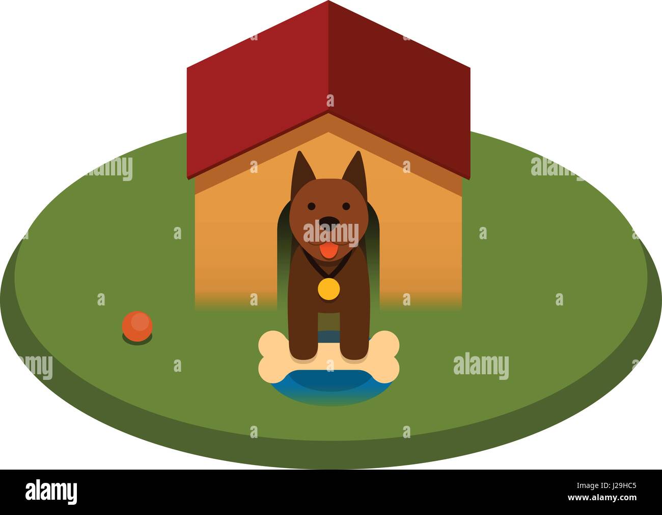 brown puppy dog with bone in the doghouse - flat cartoon Stock Vector