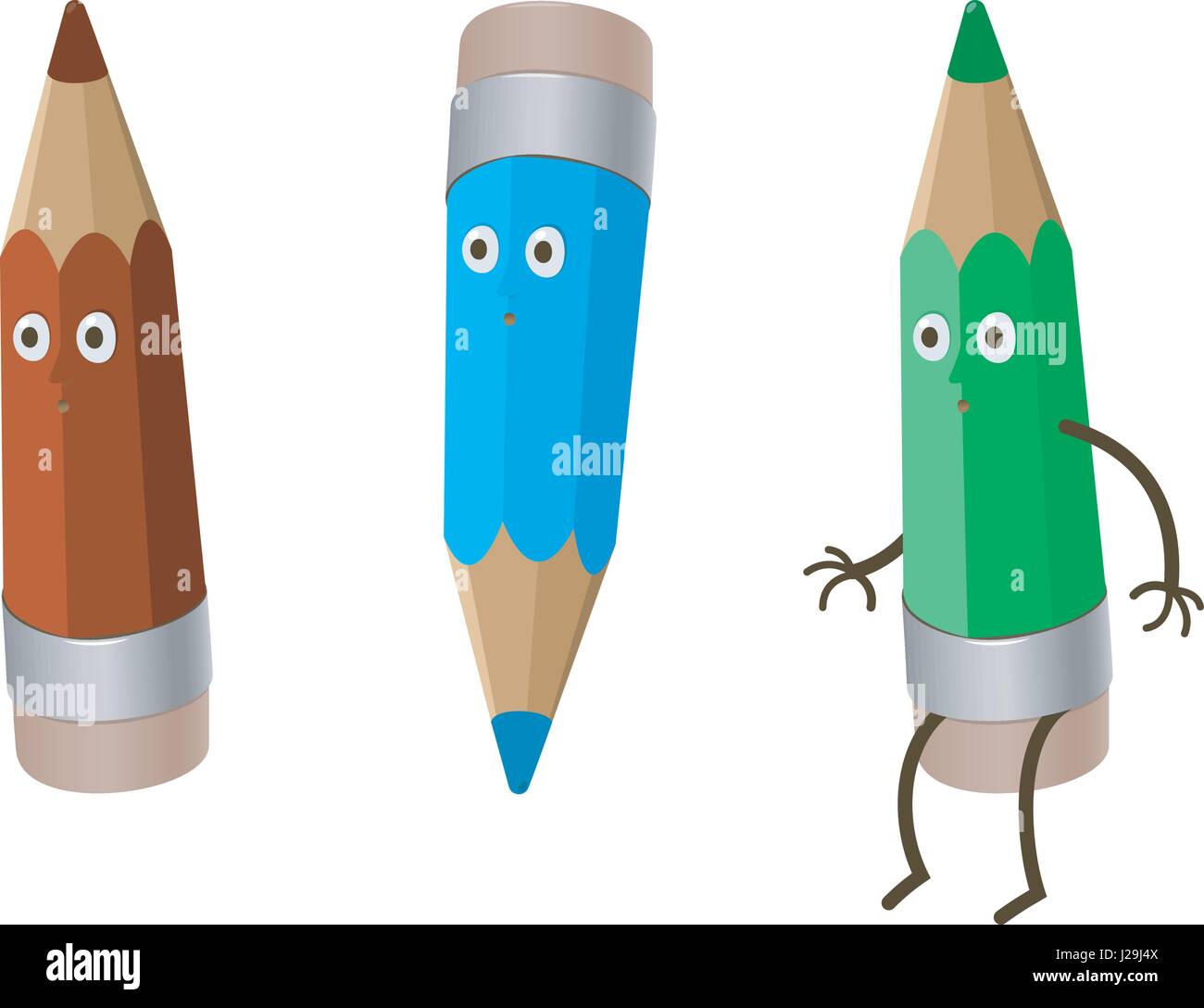 a colored three crazy funny cartoon pencils - red crayon, green and blue. isolated on white Stock Vector