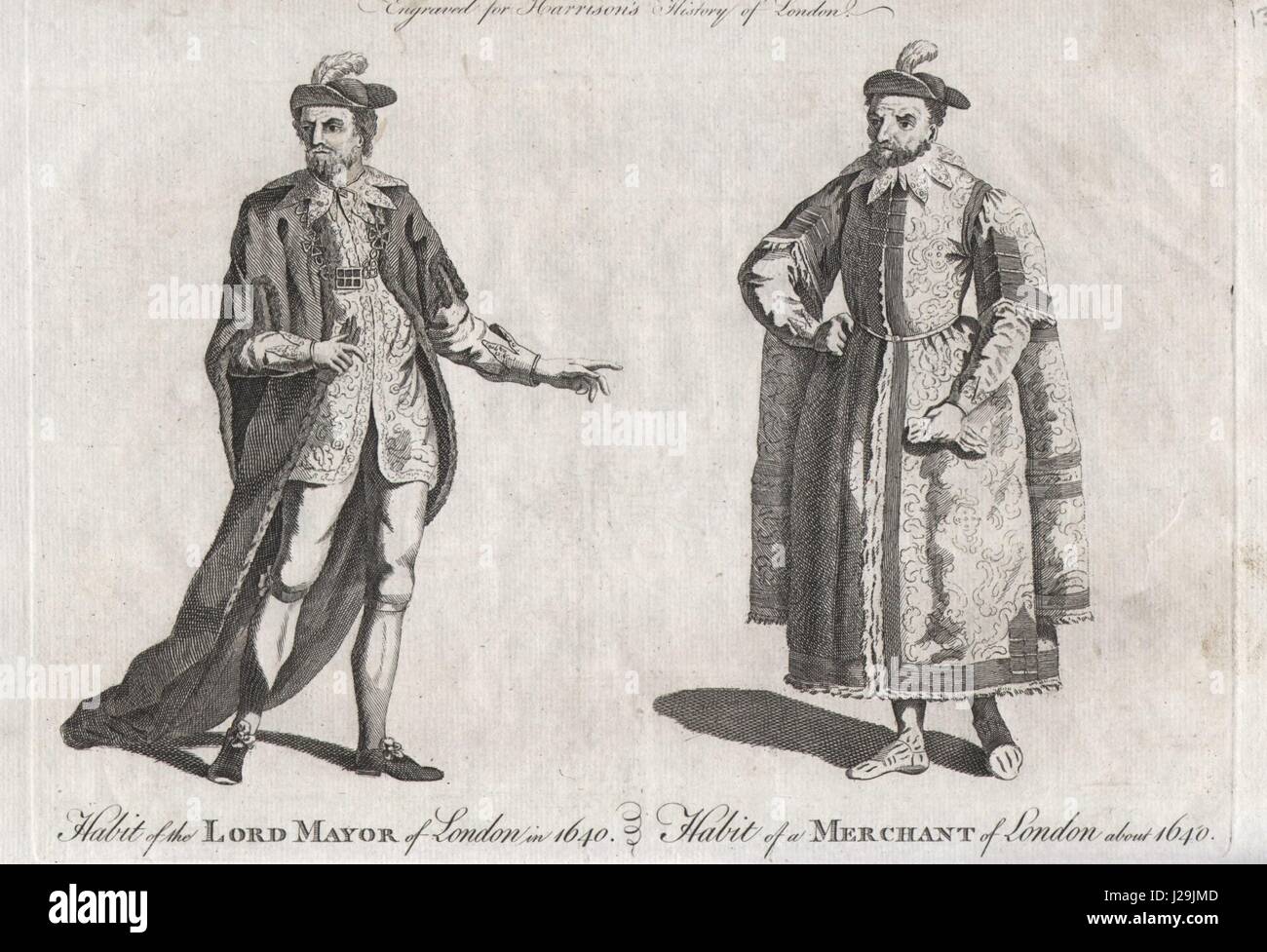 LONDON GENTLEMENS' COSTUMES 1640. Lord Mayor & Merchant habits. HARRISON 1776 Stock Photo