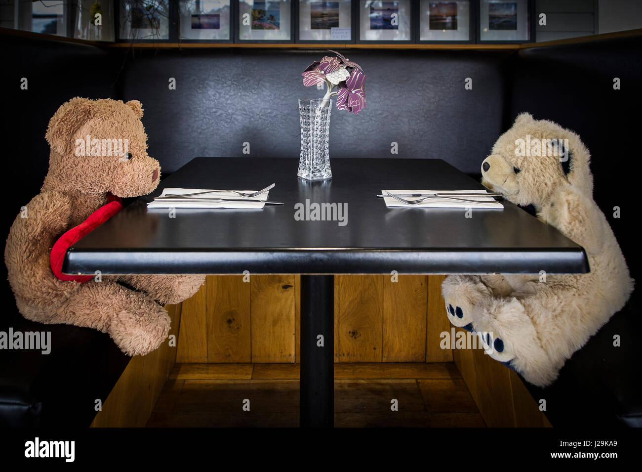 Restaurant Teddy bears Tables Cute Interior Waiting to be served Stock Photo