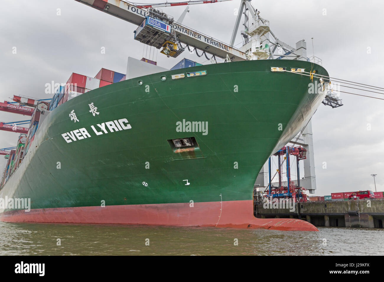 Container ship Ever Lyric, Hamburg harbor, containerterminal Tollerort, Hamburg, Germany, Europe Stock Photo