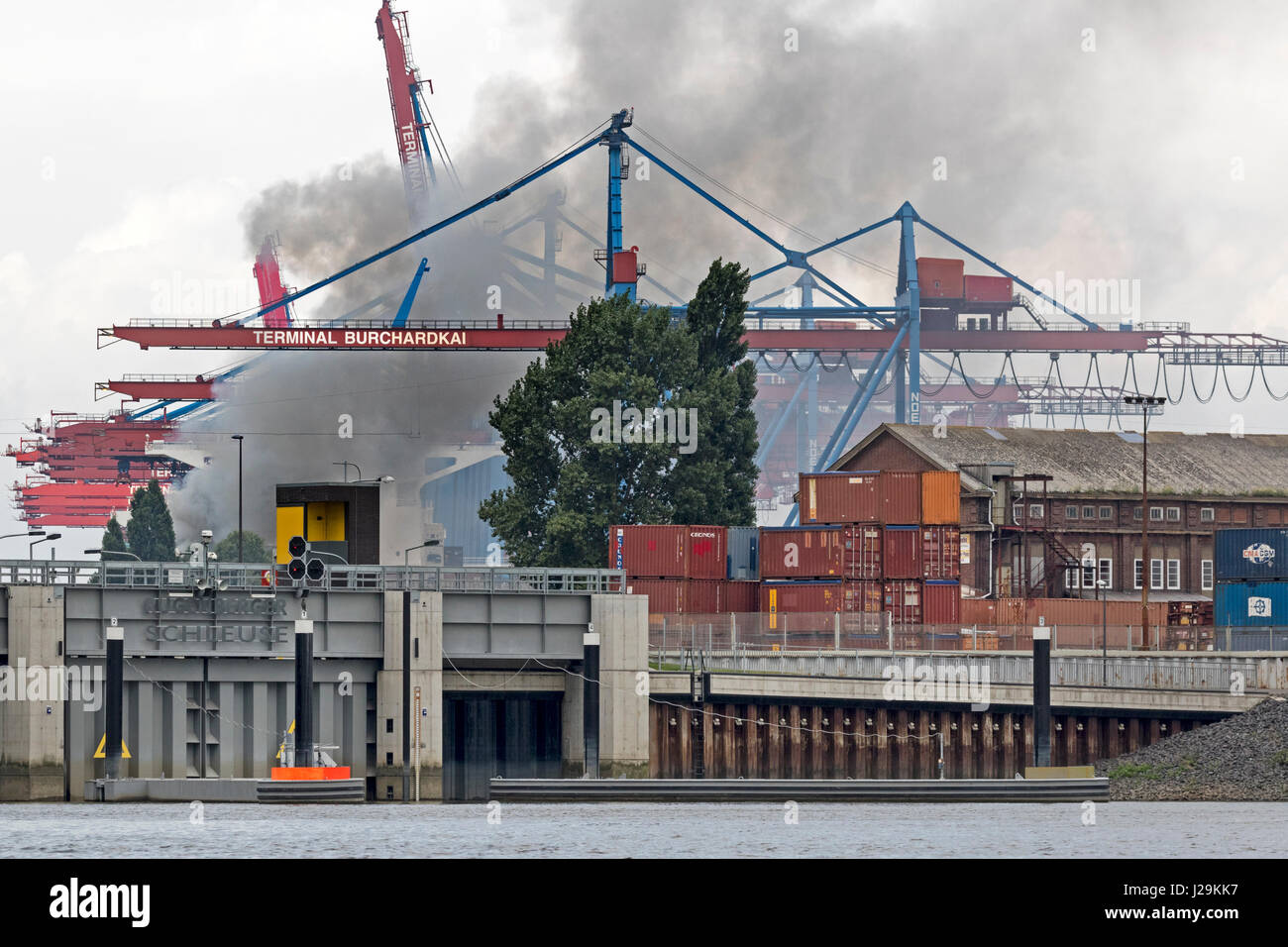 Fire at Hamburg harbor, Burchardkai 2016, Hamburg, Germany, Europe Stock Photo