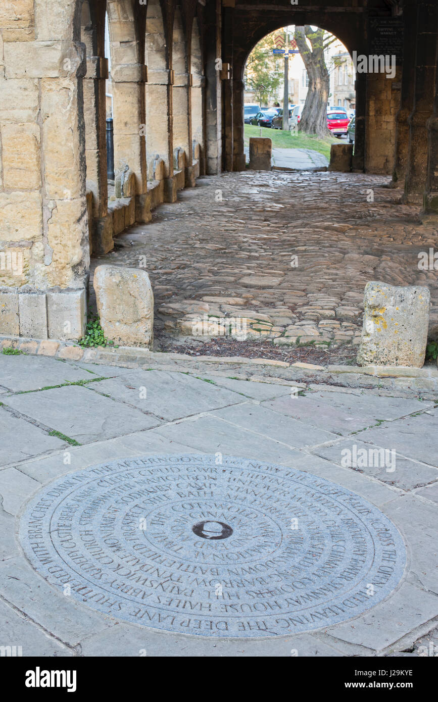 Cotswold Way Beginning & End Stone in front the Market Hall at Chipping Campden. Cotswolds, Gloucestershire, England Stock Photo