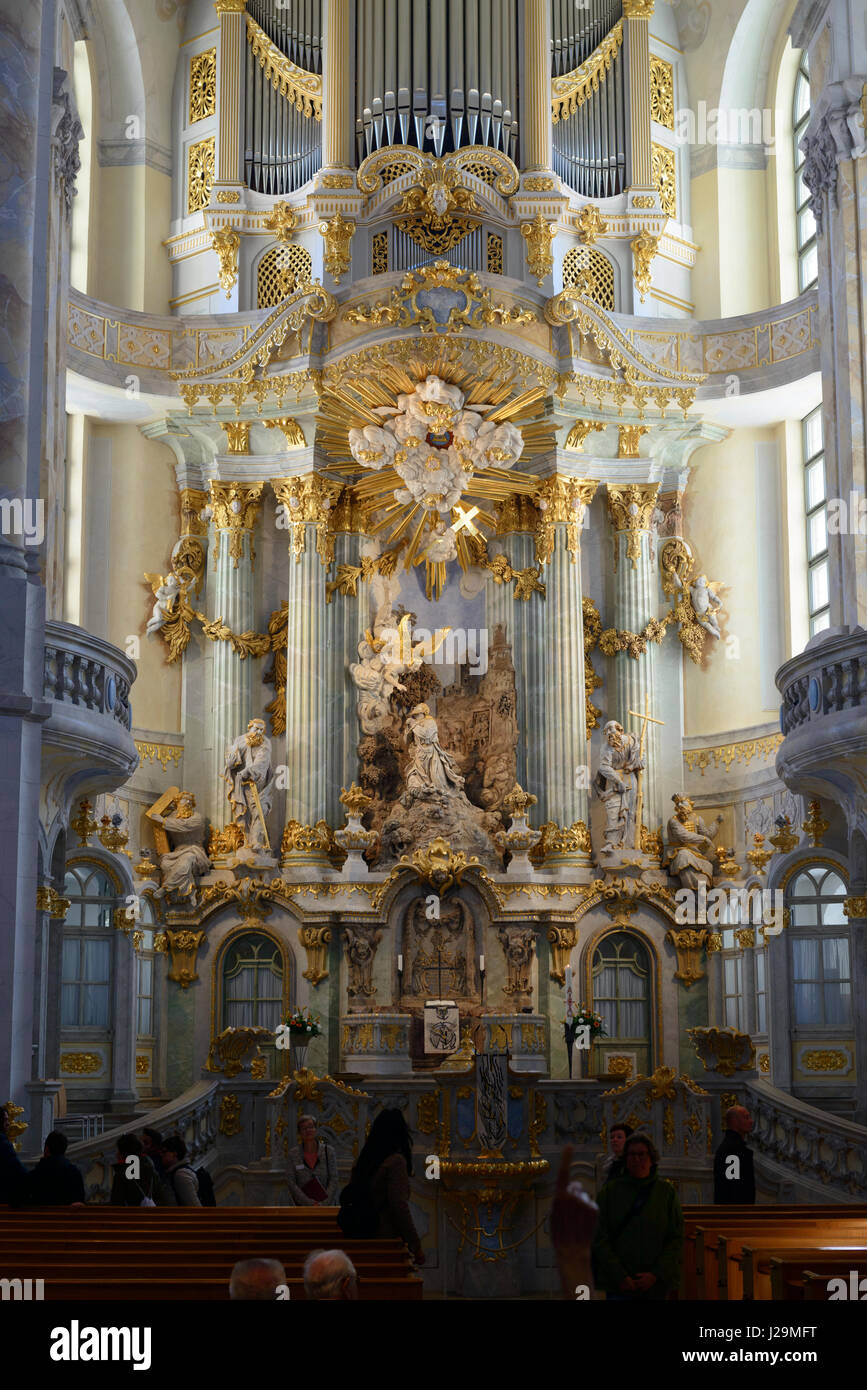 The interior ( altar) of the reconstructed Frauenkirche in Dresden, Saxony, Germany. Stock Photo