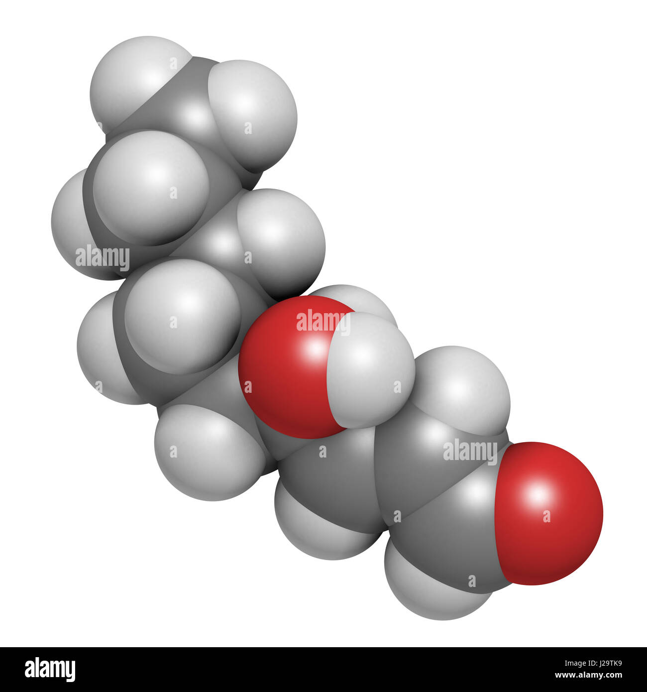 4-Hydroxynonenal (HNE) molecule. Metabolite produced by lipid peroxidation of polyunsaturated omega-6 fatty acids. 3D rendering. Atoms are represented Stock Photo