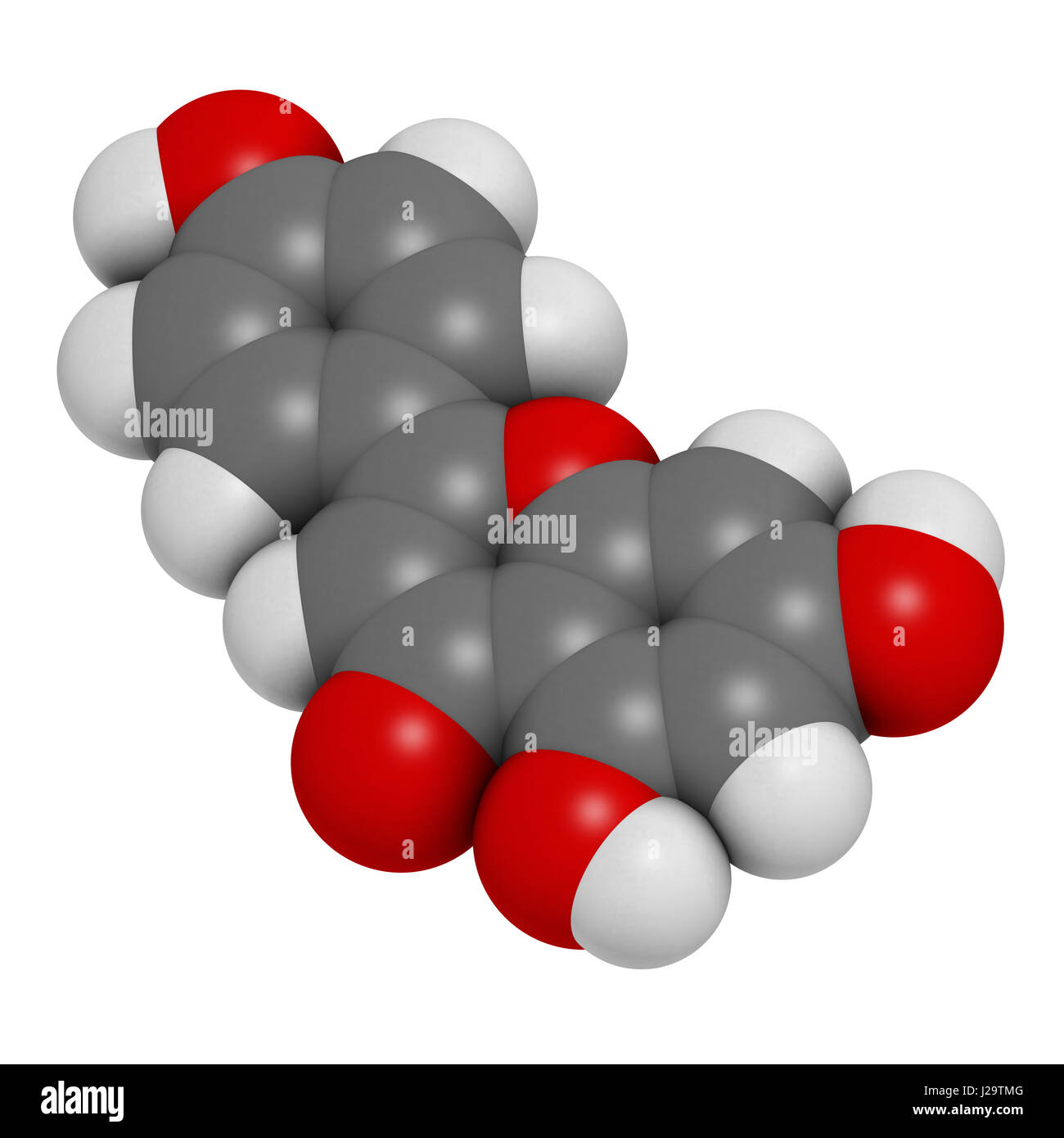 Apigenin yellow herbal dye molecule. 3D rendering. Atoms are ...