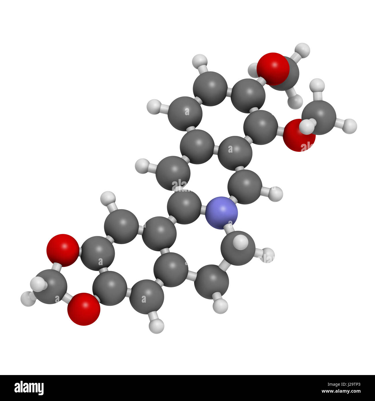 Berberine herbal medicine molecule. 3D rendering. Atoms are represented