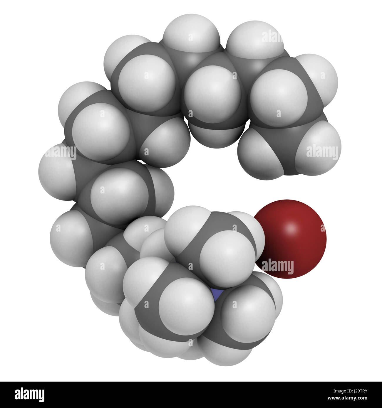 Cetrimonium bromide antiseptic surfactant molecule. 3D rendering. Atoms are represented as spheres with conventional color coding: hydrogen (white), c Stock Photo