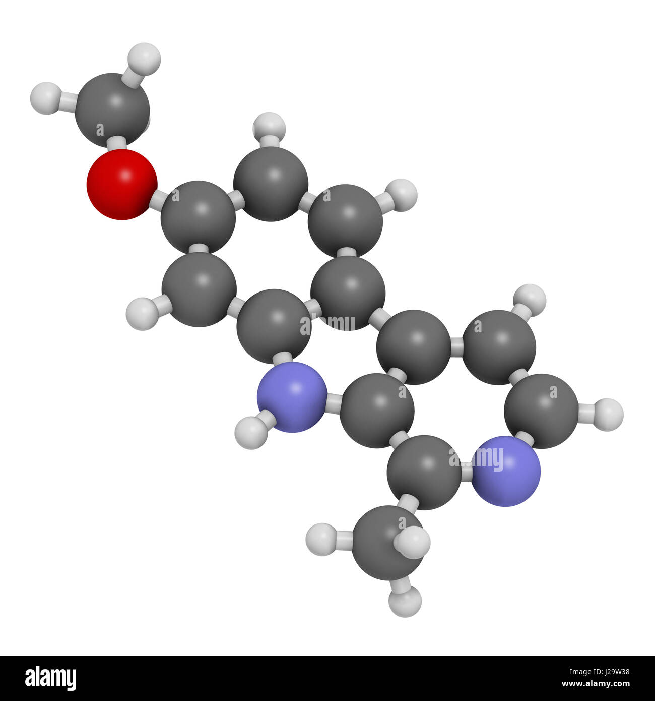 Harmine alkaloid molecule. Herbal inhibitor of monoamine oxidase A. (MAO-A). 3D rendering. Atoms are represented as spheres with conventional color co Stock Photo