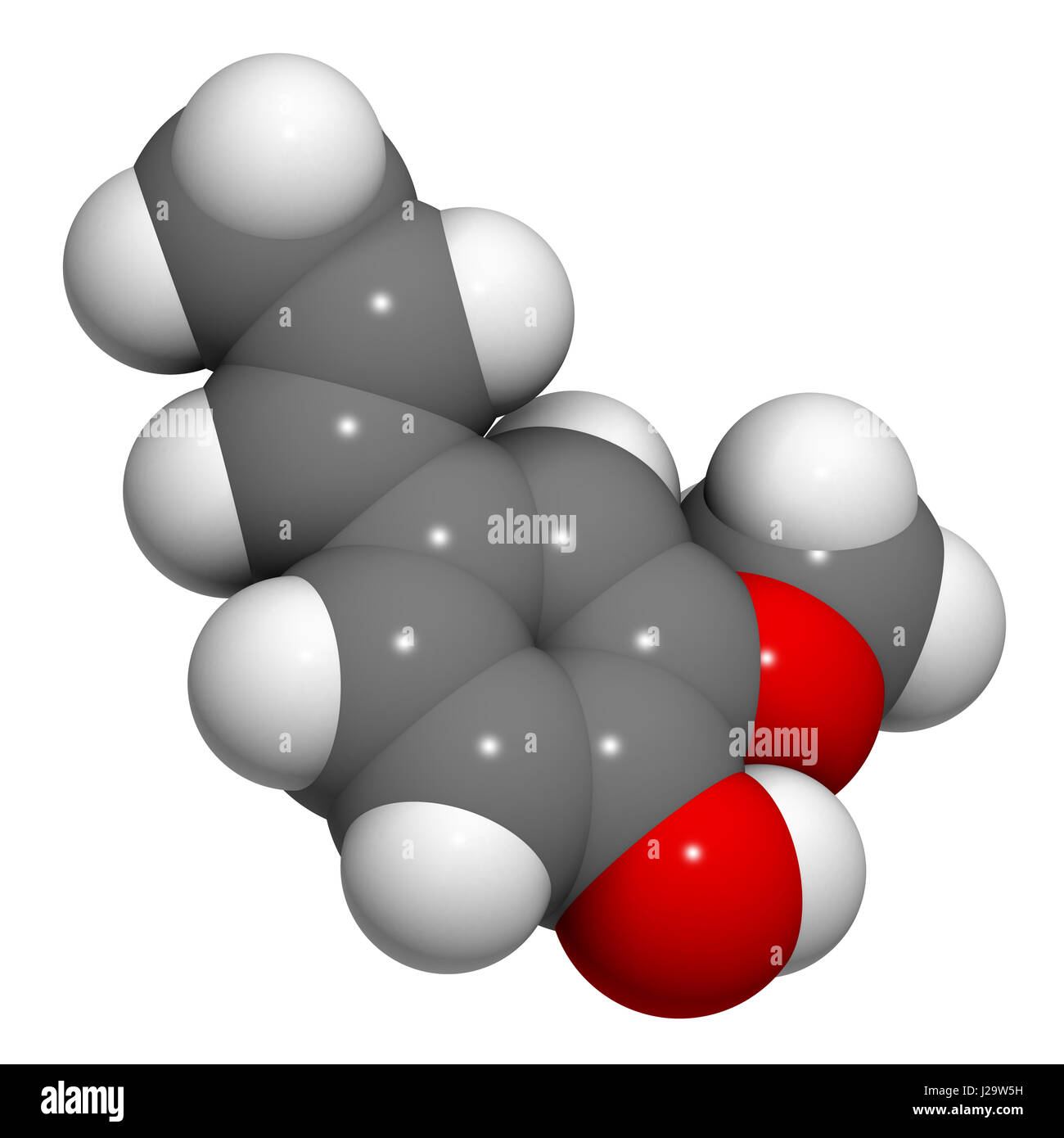 Isoeugenol fragrance molecule. 3D rendering. Atoms are represented as spheres with conventional color coding: hydrogen (white), carbon (grey), oxygen  Stock Photo