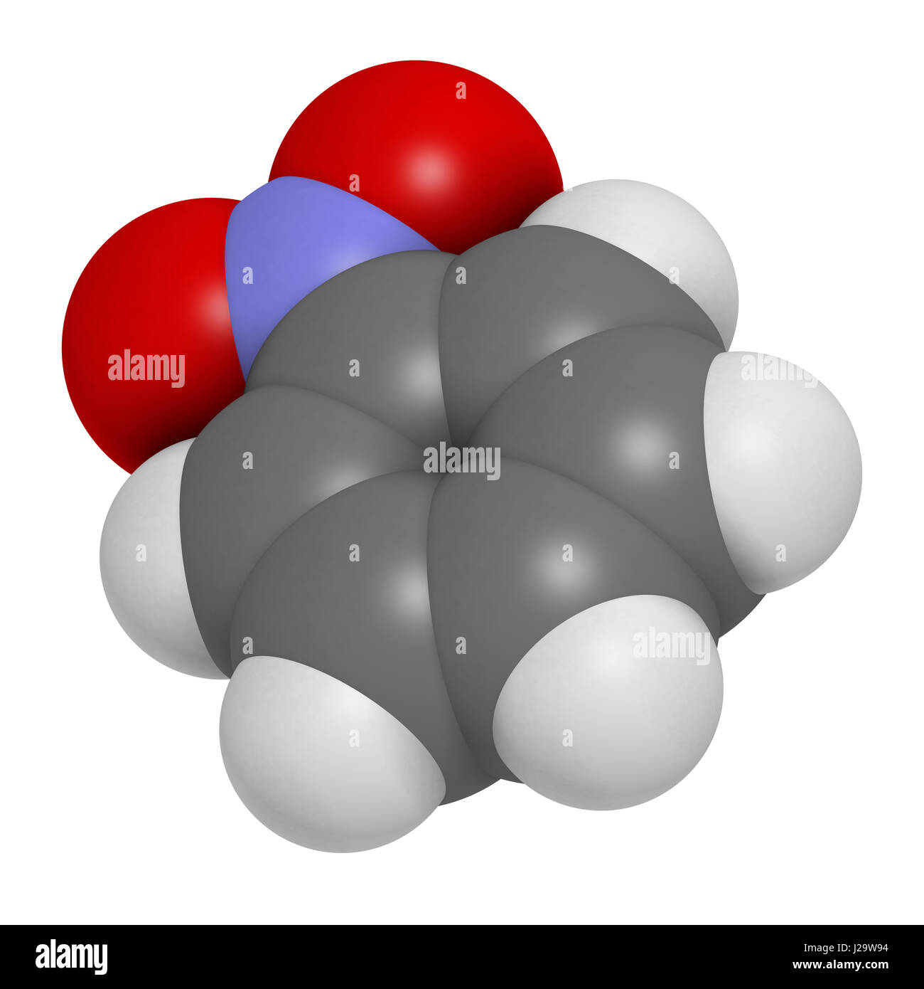 Nitrobenzene solvent molecule. 3D rendering. Atoms are represented as ...