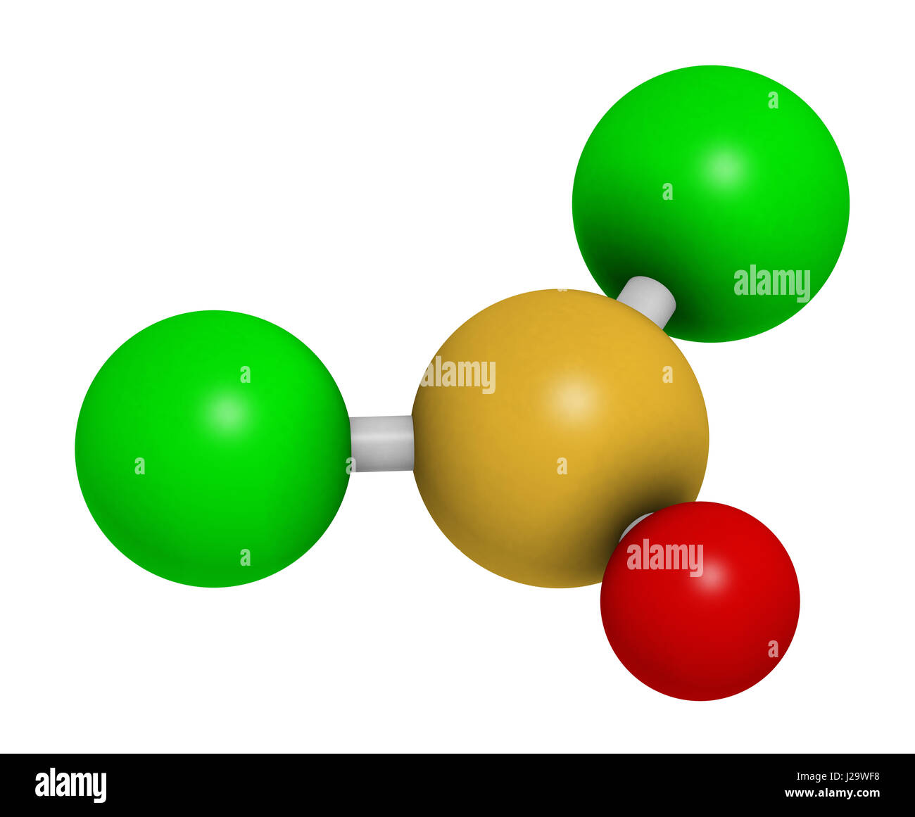 Thionyl chloride (SOCl2) chemical reagent molecule. 3D rendering. Atoms