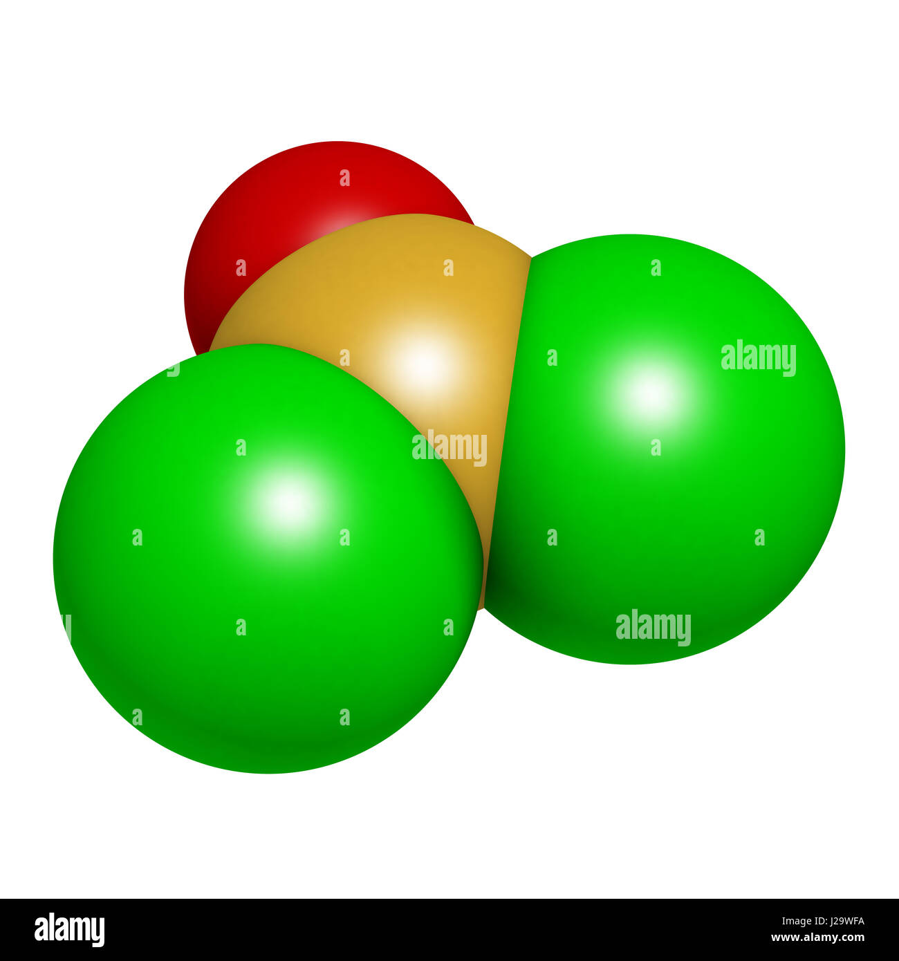 Thionyl chloride (SOCl2) chemical reagent molecule. 3D rendering. Atoms