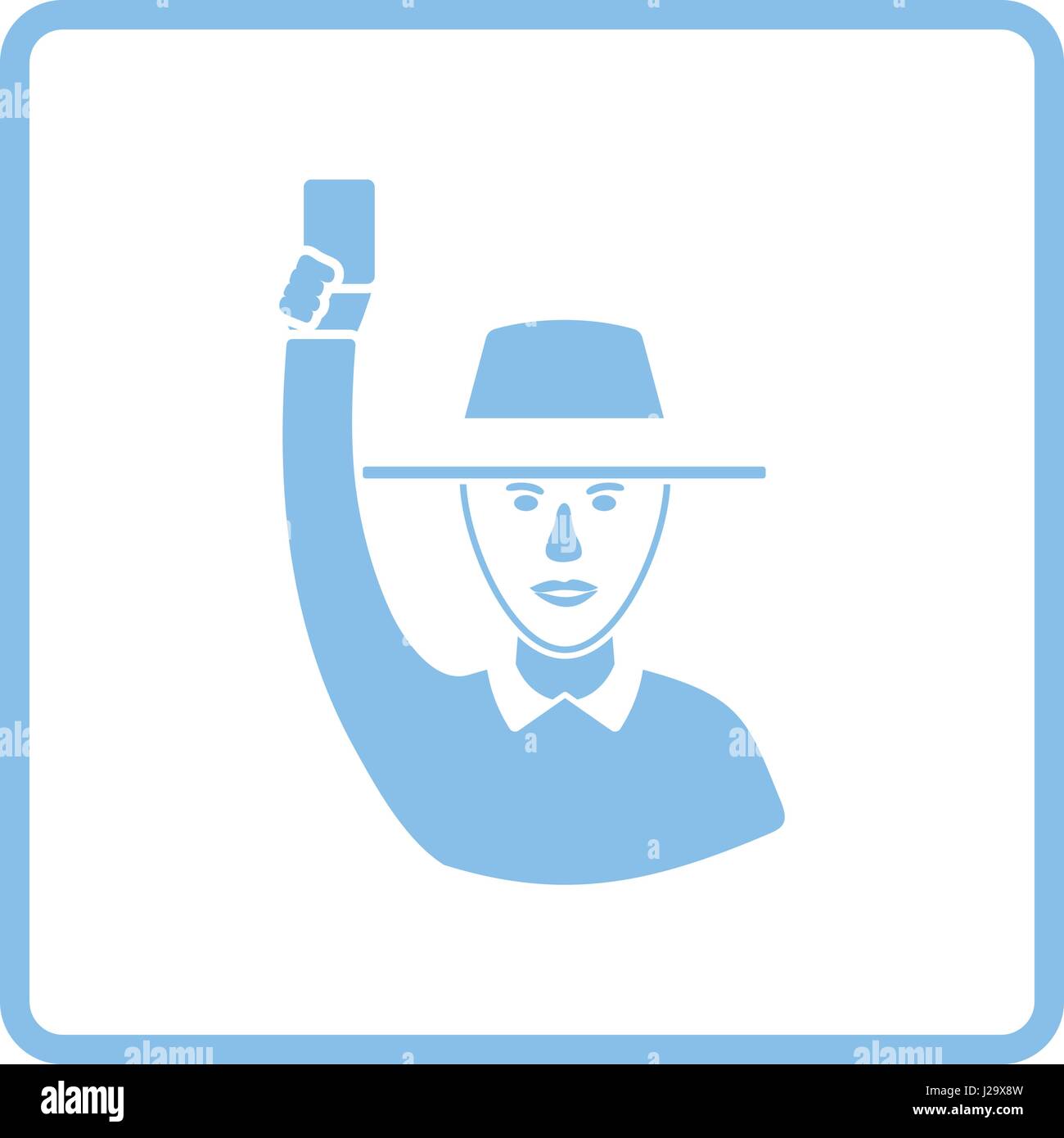 Cricket umpire with hand holding card icon. Blue frame design. Vector illustration. Stock Vector
