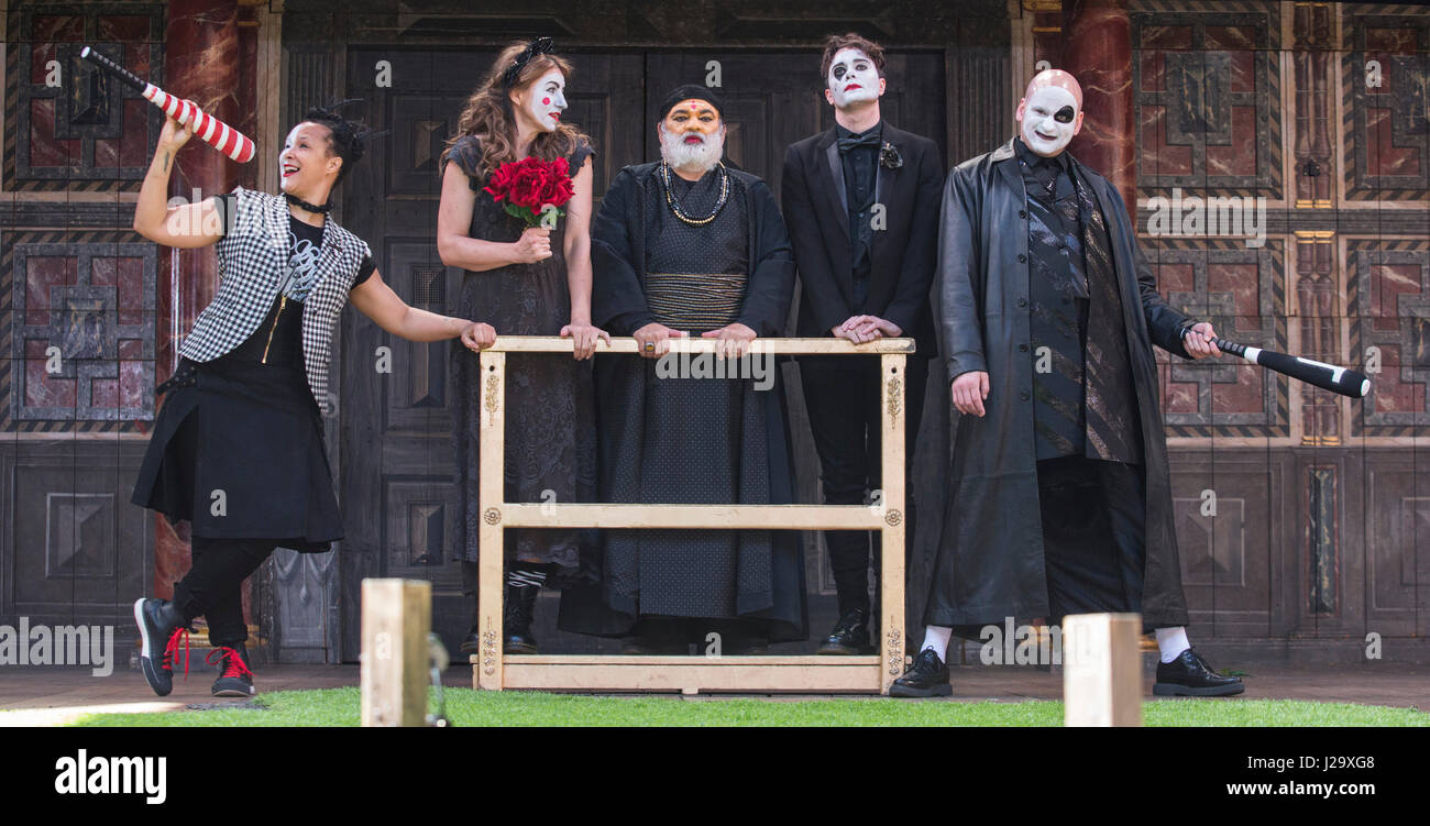 London, UK. 26 April 2017. L-R: Golda Rosheuvel (Mercutio), Kirsty Bushell (Juliet), Harish Patel (Friar Lawrence), Edward Hogg (Romeo), Ricky Champ (Tybalt). Photocall for the Shakespearen tragedy Romeo and Juliet at the Globe Theatre. The play is directed by Daniel Kramer starring Kirsty Bushell as Julia and Edward Hogg as Romeo. It runs from 22 April to 9 July 2017. Stock Photo
