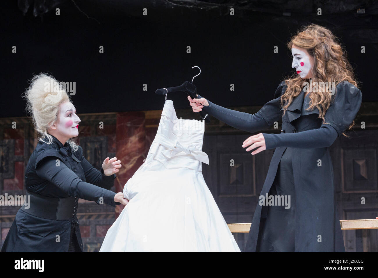 London, UK. 26 April 2017. L-R: Blythe Duff (Nurse), Kirsty Bushell (Juliet). Photocall for the Shakespearen tragedy Romeo and Juliet at the Globe Theatre. The play is directed by Daniel Kramer starring Kirsty Bushell as Julia and Edward Hogg as Romeo. It runs from 22 April to 9 July 2017. Stock Photo