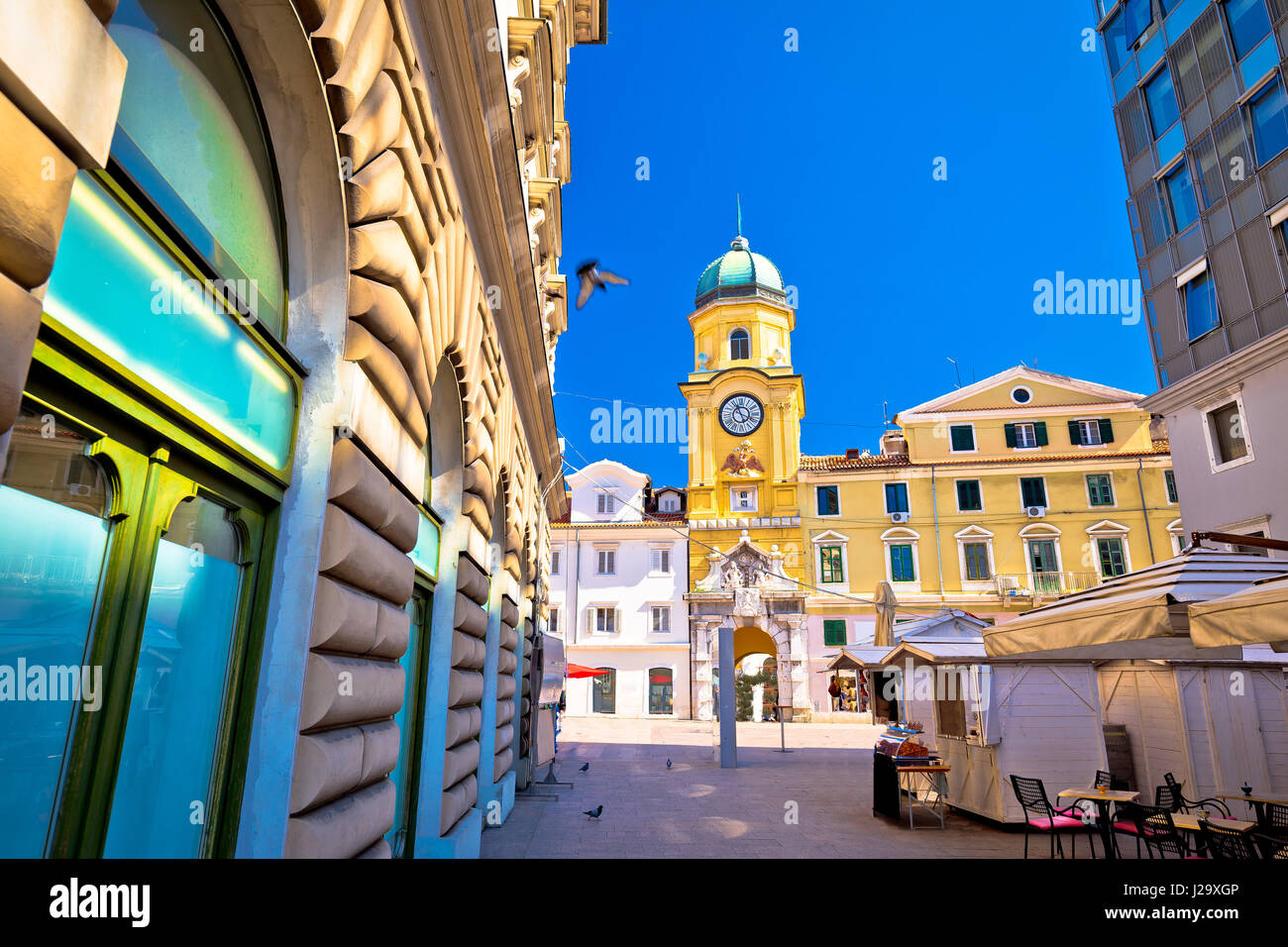 City of Rijeka main square and clock tower view, Kvarner bay, Croatia Stock Photo