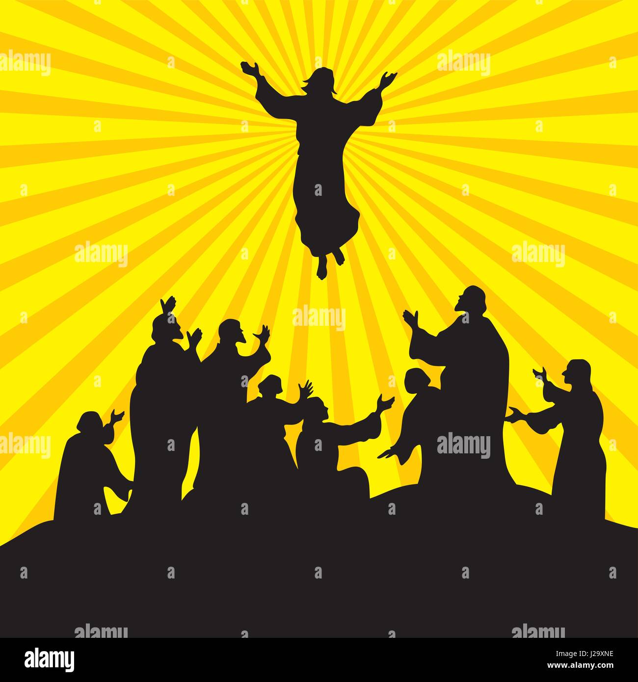 The disciples of Christ watch as their teacher ascends to heaven Stock Vector