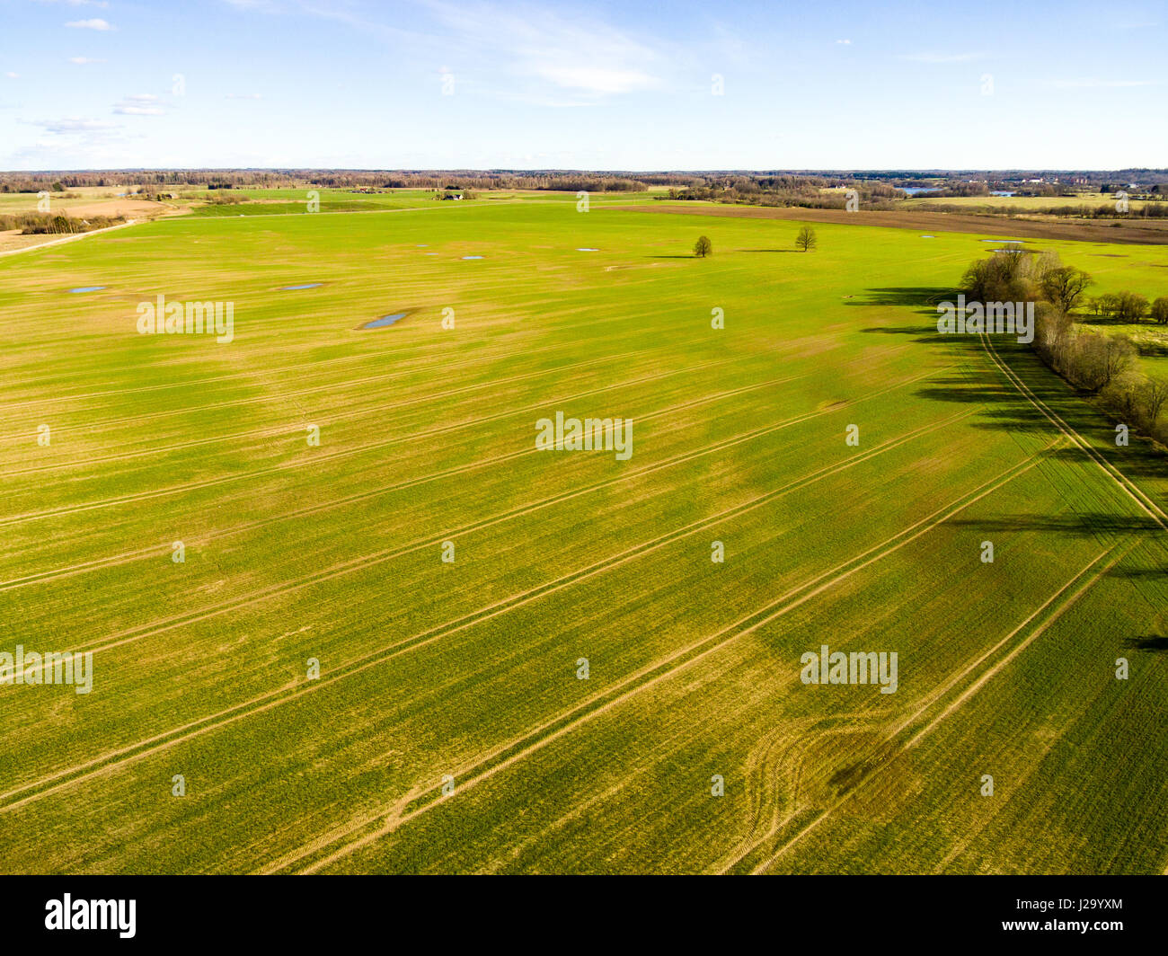 drone image. aerial view of rural area with freshly cultivated fields ...