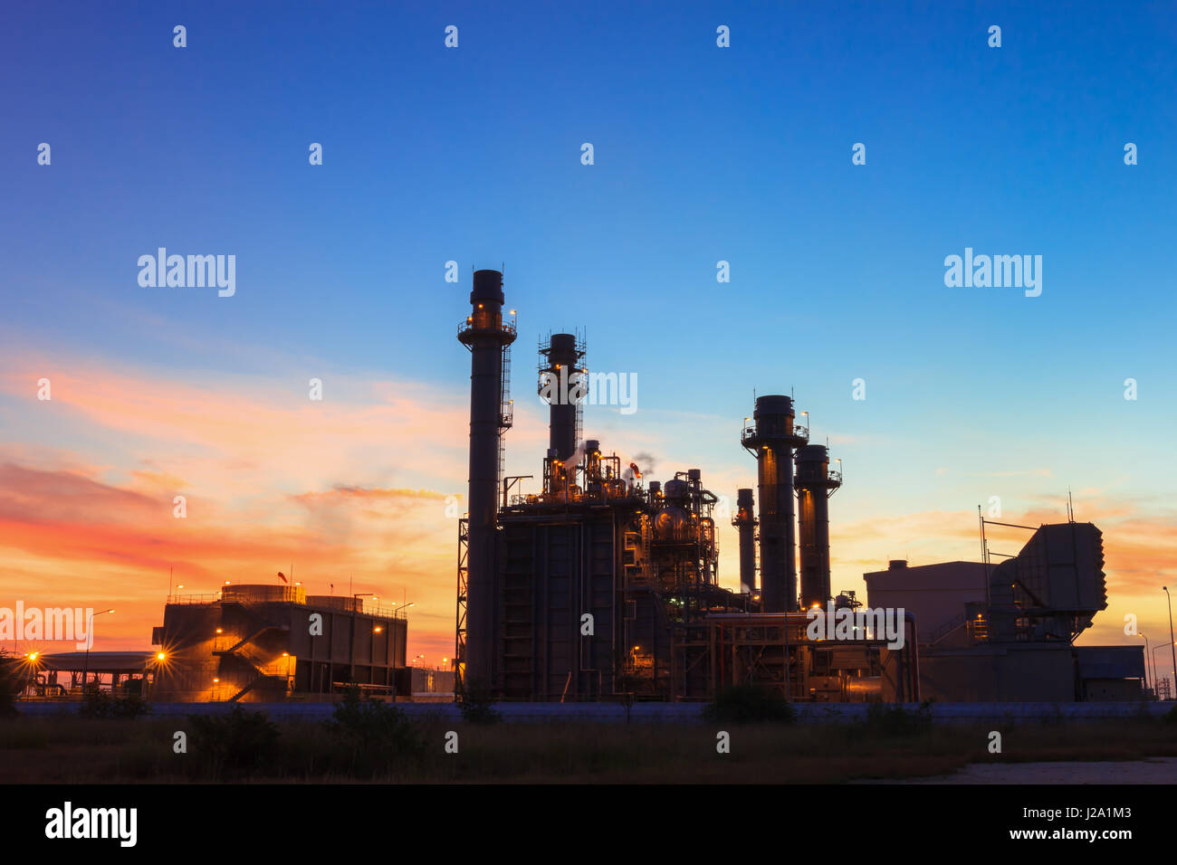 Gas turbine electrical power plant at dusk with twilight Stock Photo ...