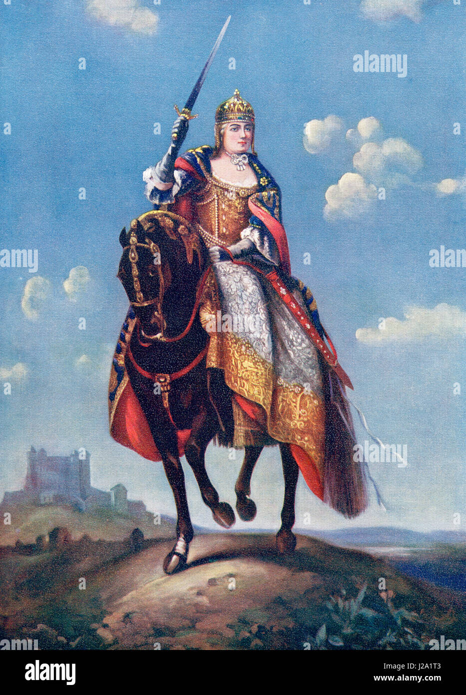 Maria Theresa on the Coronation Hill at Pressburg.  Maria Theresa Walburga Amalia Christina, 1717 – 1780.  Only female ruler of the Habsburg dominions and the last of the House of Habsburg.  Sovereign of Austria, Hungary, Croatia, Bohemia, Transylvania, Mantua, Milan, Lodomeria and Galicia, the Austrian Netherlands and Parma, and by marriage, Duchess of Lorraine, Grand Duchess of Tuscany and Holy Roman Empress.  From Hutchinson's History of the Nations, published 1915 Stock Photo