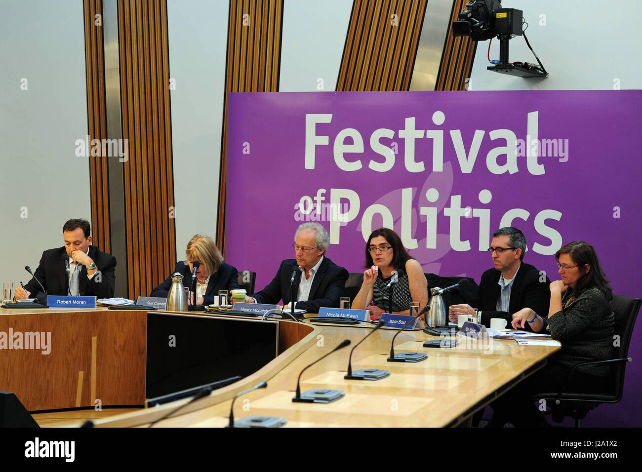 Former Scottish First Minister Henry McLeish (3rd L) and a panel of experts discuss Political Strategy in relation to the independence referendum at the Festival of Politics in the Scottish Parliament Stock Photo