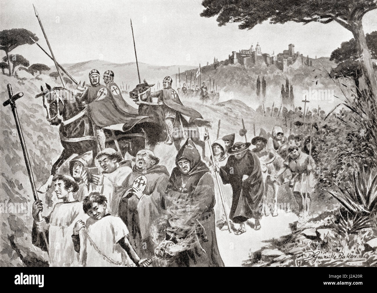 A pilgrimage to Santiago de Compostela, Spain in the middle ages.   After the painting by Bernard Granville Baker (1870 - 1957). From Hutchinson's History of the Nations, published 1915. Stock Photo