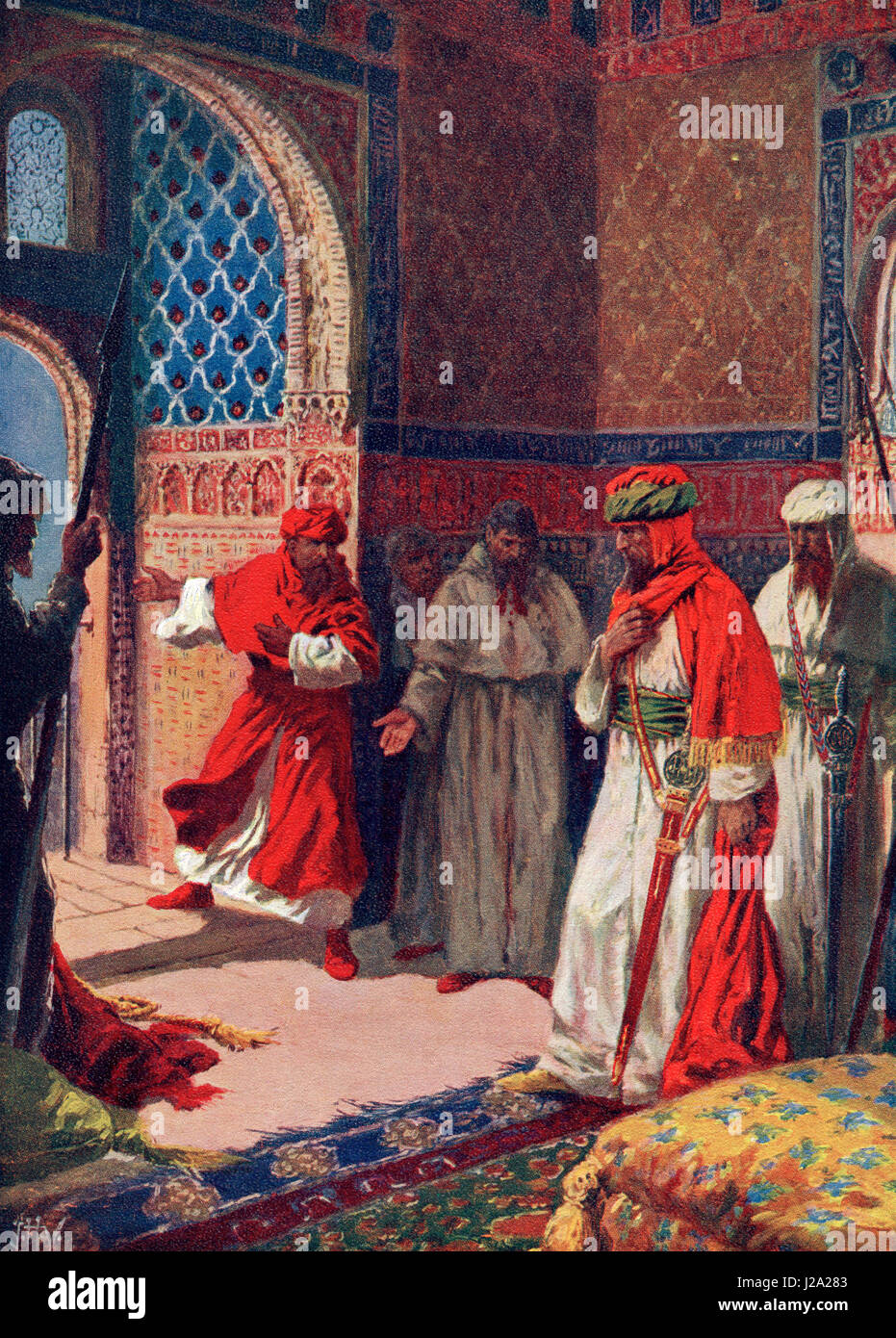 The last council of Boabdil at The Alhambra Palace, Granada, Spain in 1492.  Abu `Abdallah Muhammad XII, c. 1460 – c. 1533, aka Boabdil.  Twenty-second and last Nasrid ruler of Granada in Iberia. After the painting by J.H. Valda, (d.1941).  From Hutchinson's History of the Nations, published 1915. Stock Photo