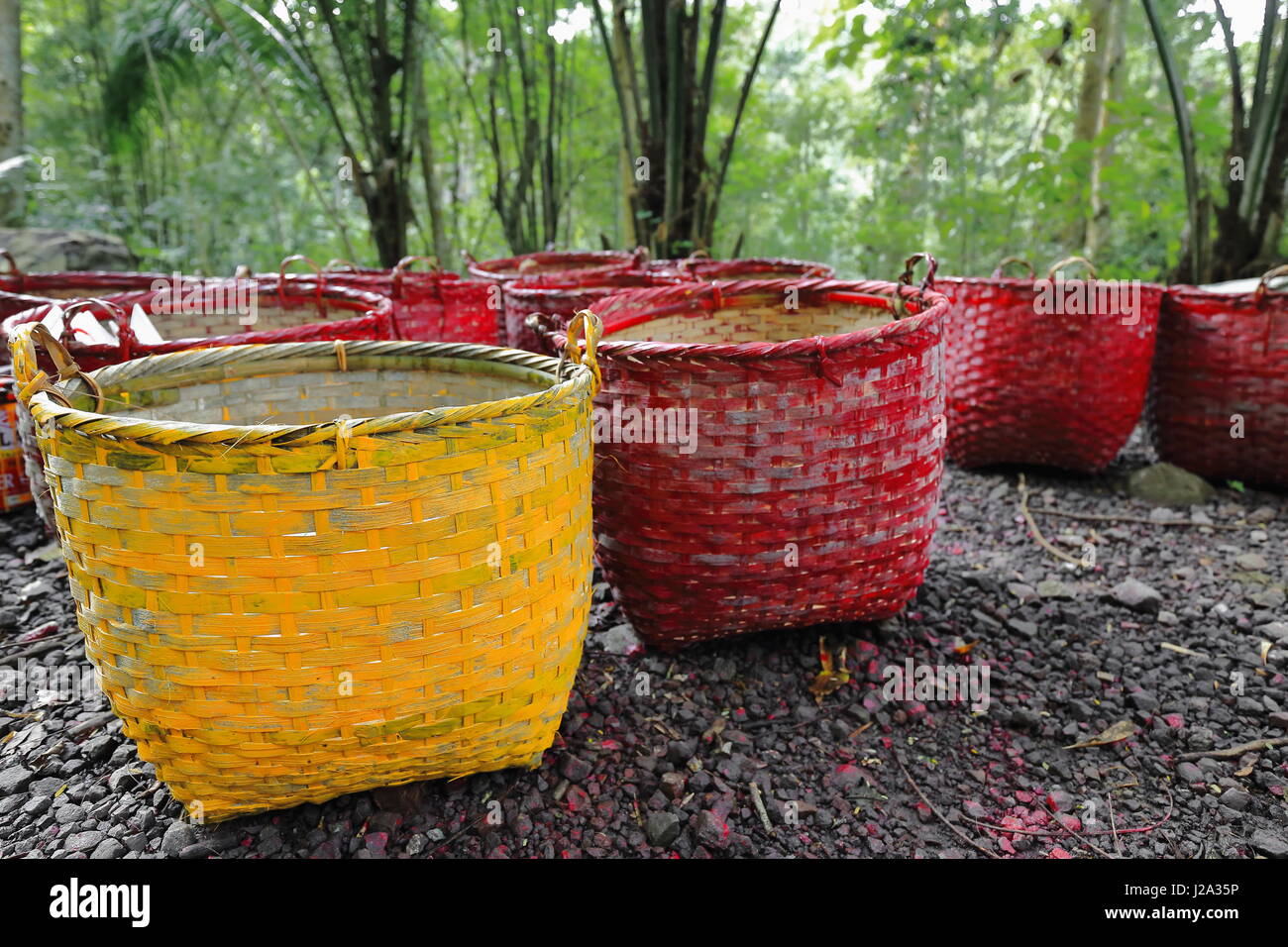Big baskets made of braided bamboo strips painted red-yellow upside down on the floor-path going up and down the watercourse running alongside the Tat Stock Photo