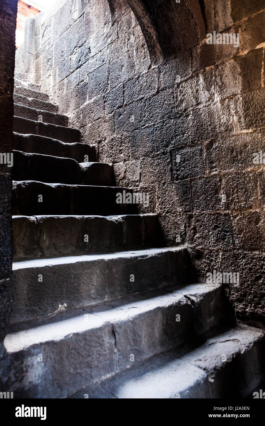 A steep stone stairway in Shaniwar Wada, Pune, Maharashtra, India. Stock Photo