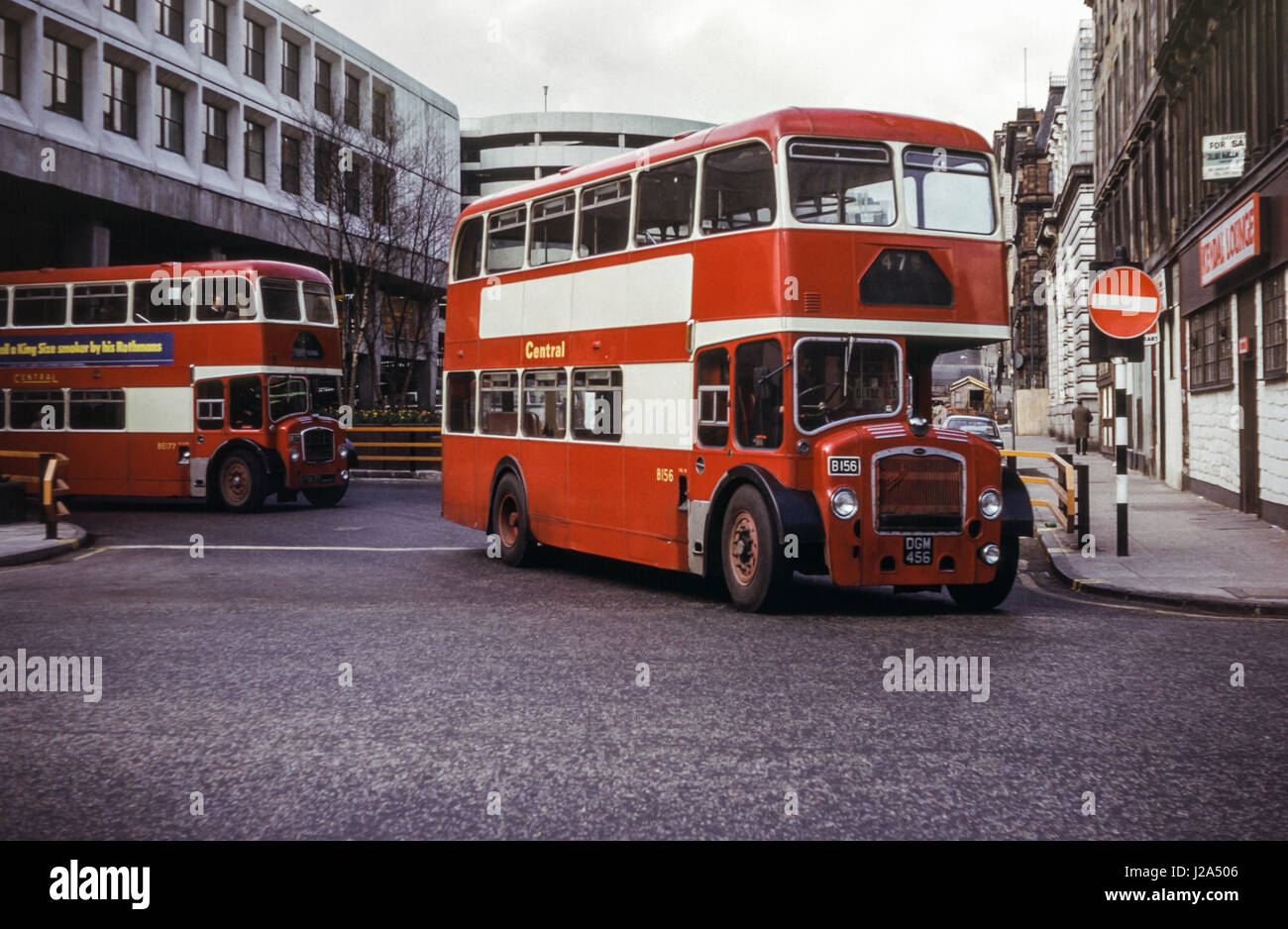 Glasgow, UK - 1973: Vintage image of bus on Glasgow streets in 1973. Central SMT Bristol Lodekka FSF ECW B156 (registration number DGM456). Stock Photo