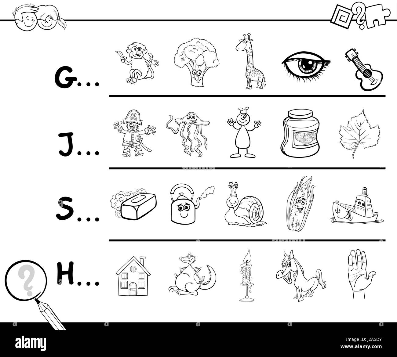 Cartoon Illustration of Finding Picture Starting with Referred Letter Educational Game for Kids for Coloring Stock Vector