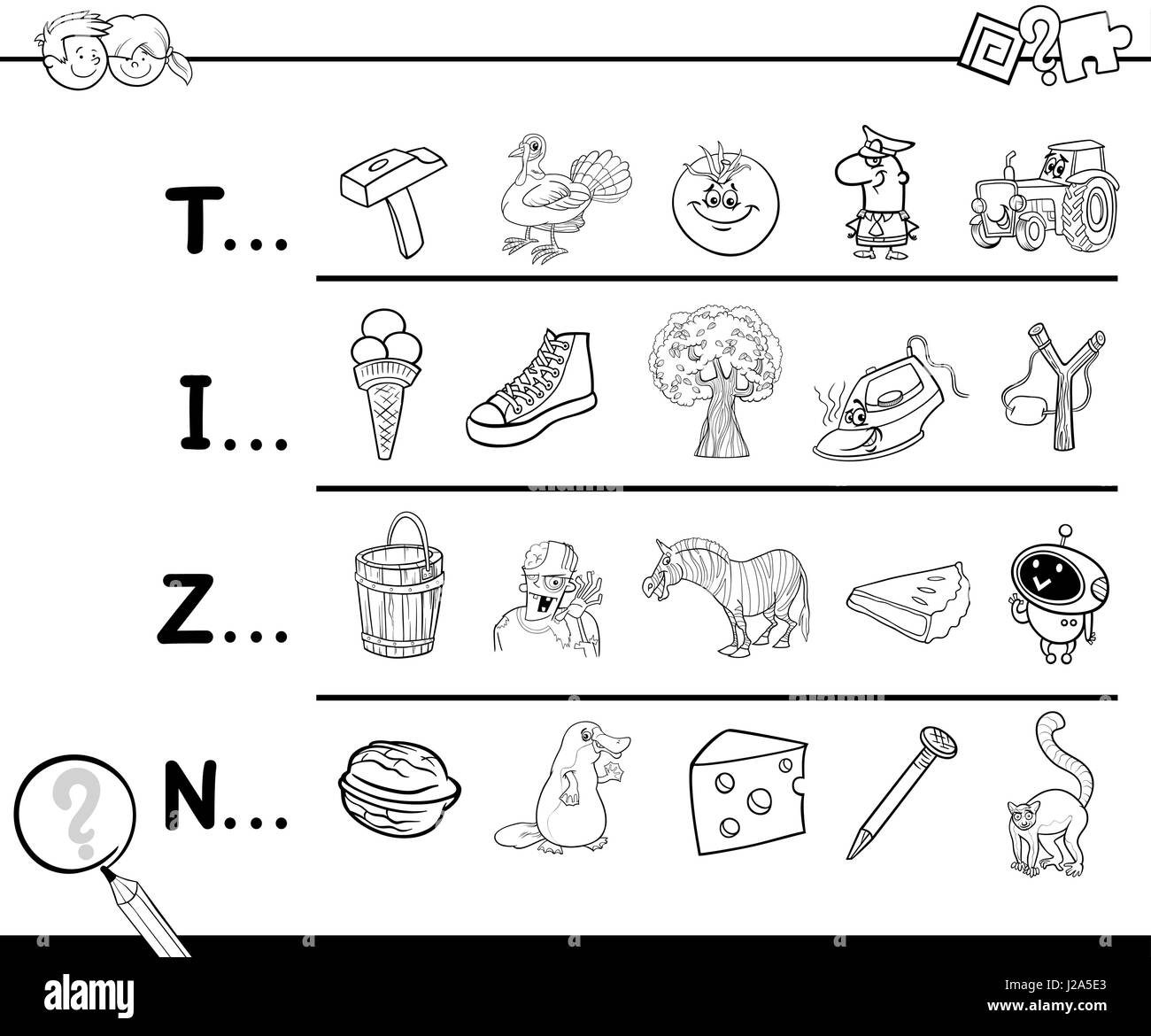 Cartoon Illustration of Finding Picture Starting with Referred Letter Educational Game for Children for Coloring Stock Vector
